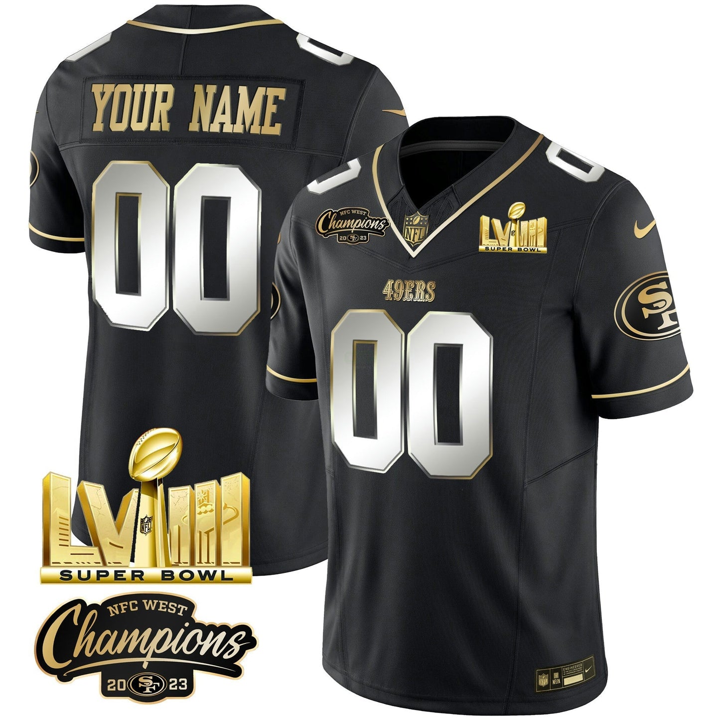Camisa NFL NFC West Champions & Super Bowl LVIII Dourada Patch Vapor Jersey V2