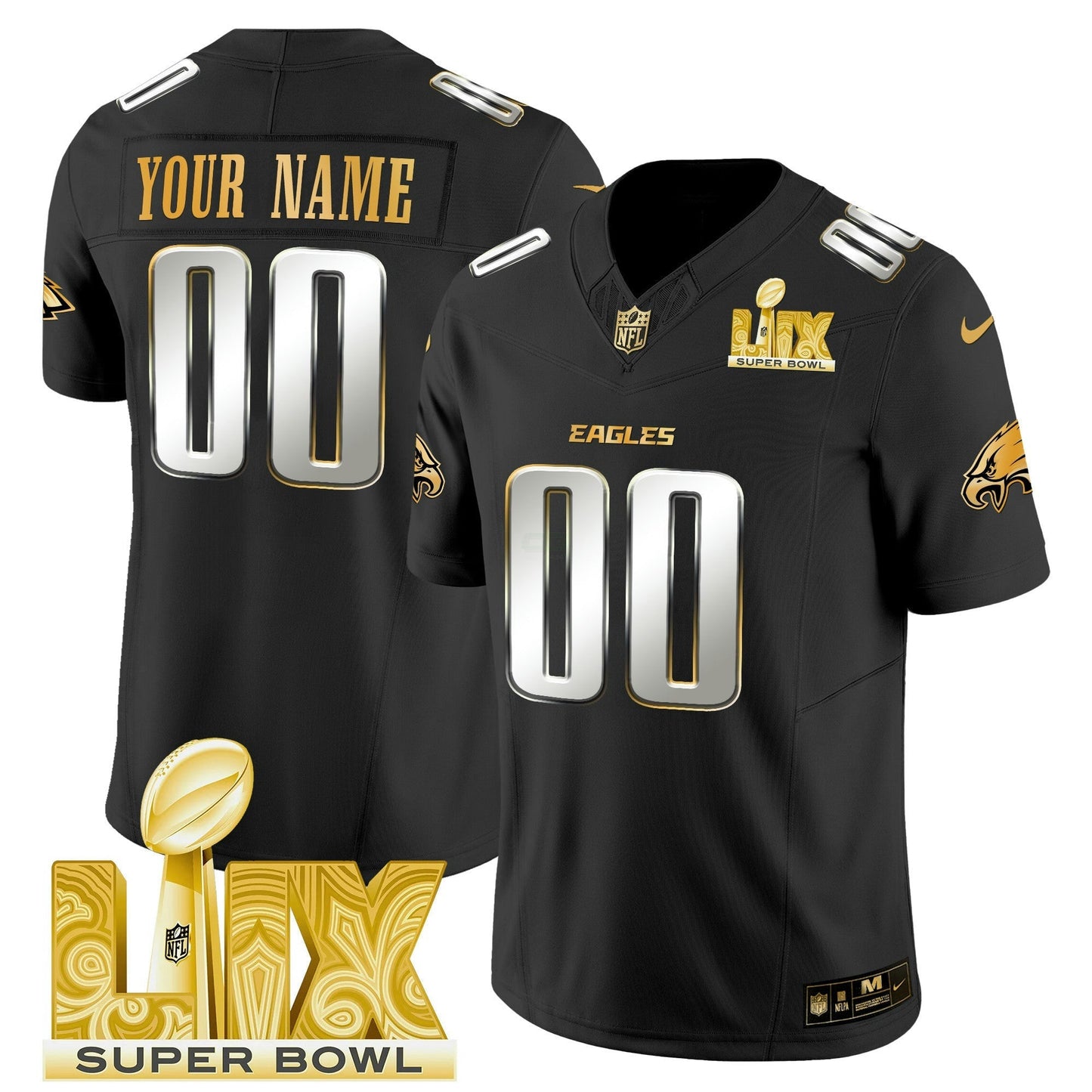 Camisa NFL Philadelphia Super Bowl LIX Patch Dourada Vapor Limited Jersey