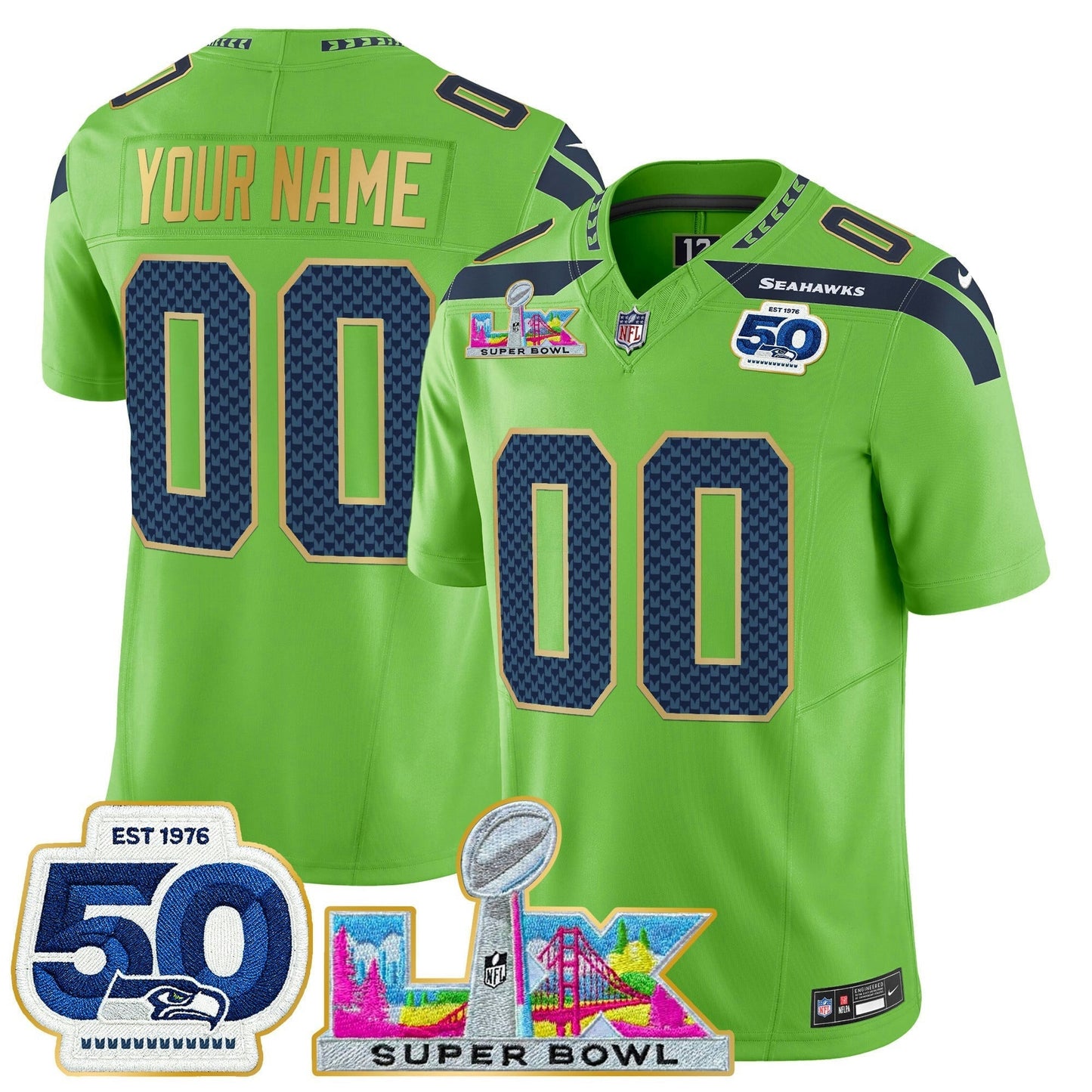Camisa NFL Seattle “Super Bowl LX & 50th Patch” Dourada Trim Vapor Limited Jersey