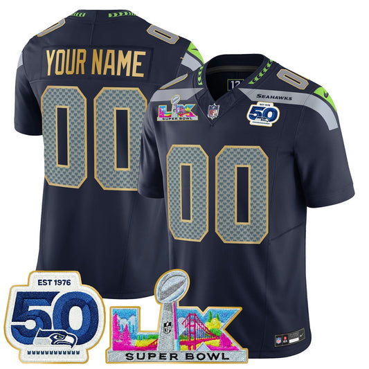 Camisa NFL Seattle “Super Bowl LX & 50th Patch” Dourada Trim Vapor Limited Jersey