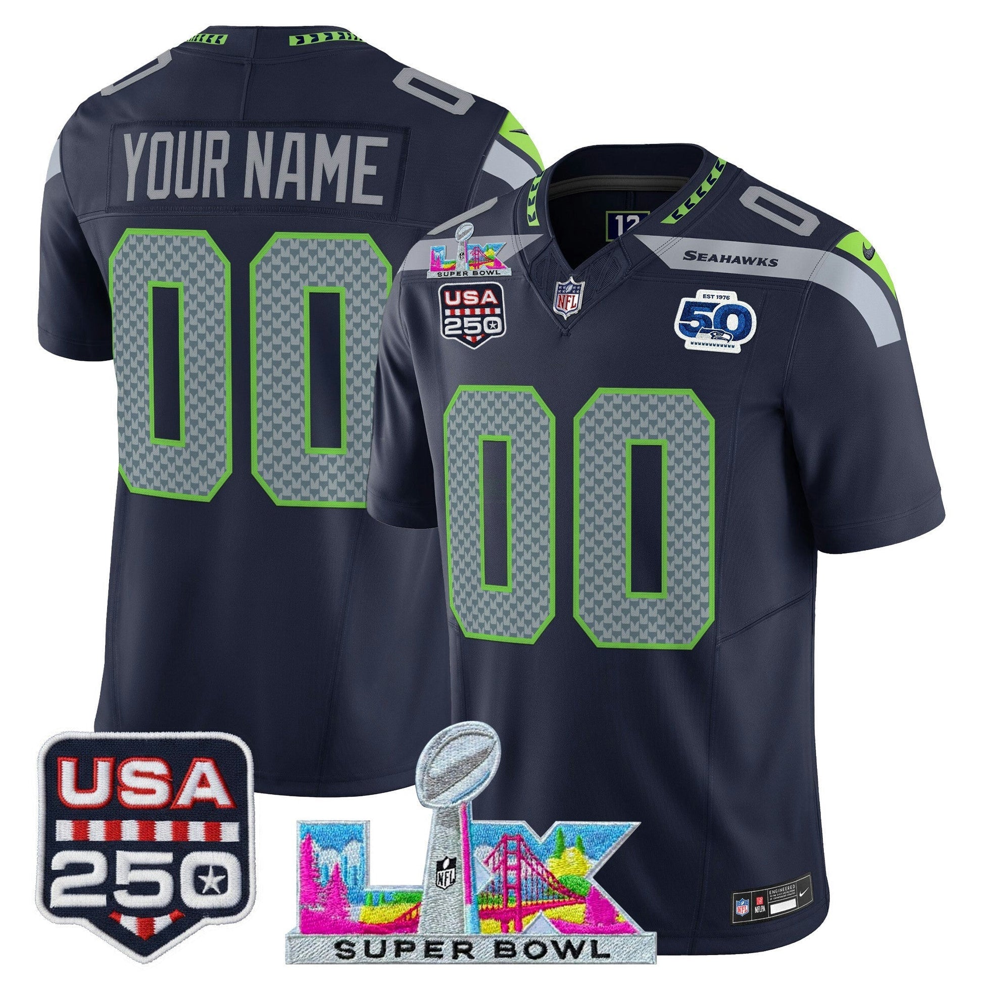 Camisa NFL Seattle “Super Bowl LX & United States 250th Anniversary Patch” Vapor Limited Jersey