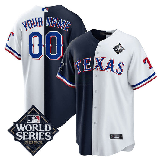 Camisa NFL Split Rangers – 2023 World Series Patch Cool Base Jersey - Branca - Azul Marinho