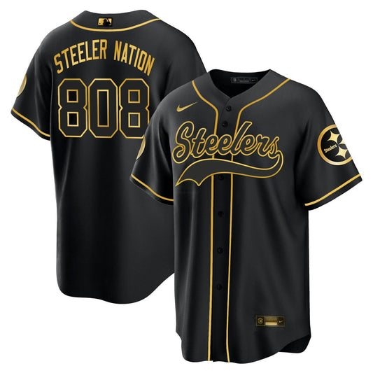 Camisa NFL Steeler Nation #808 Pittsburgh Baseball Preta Dourada Jersey - Preta