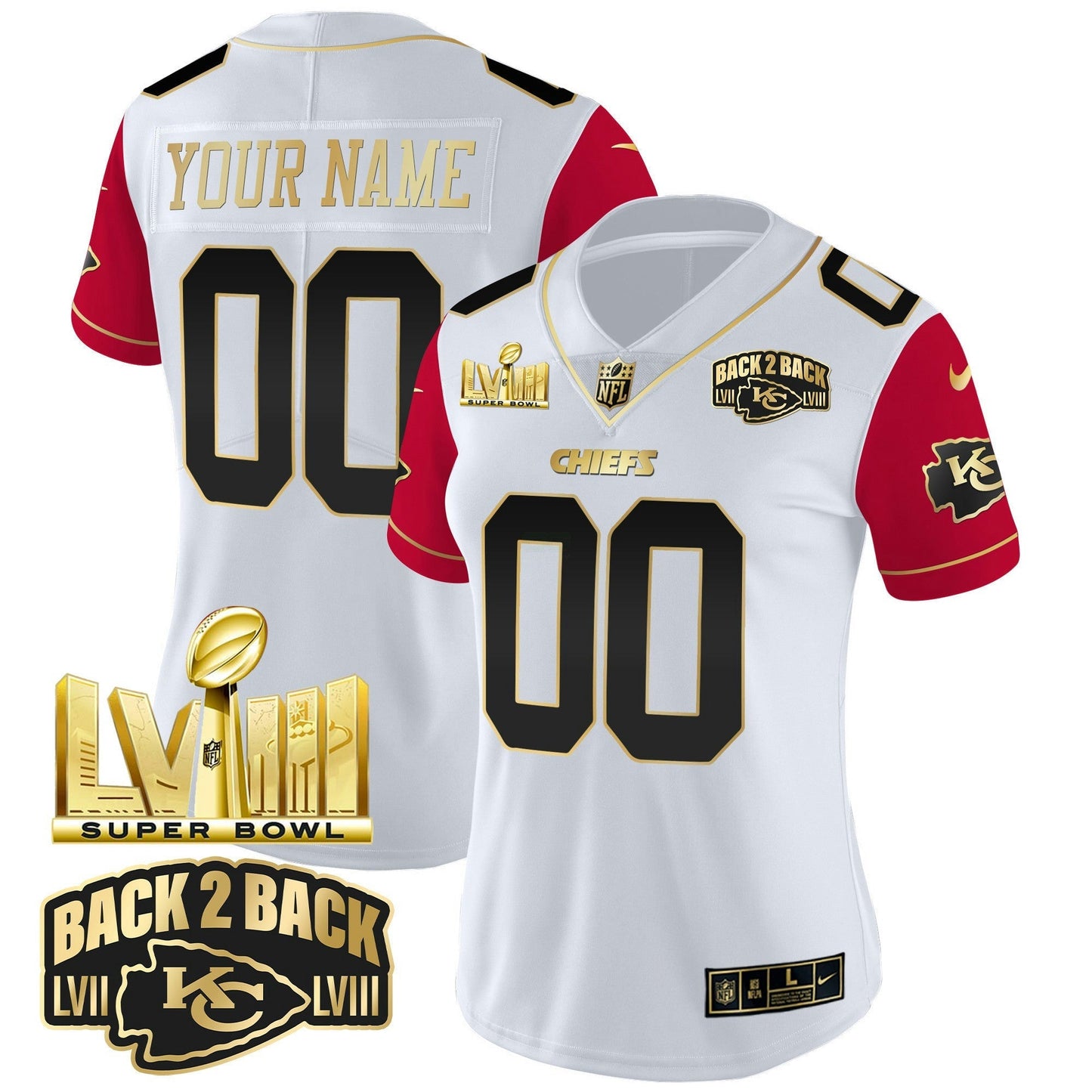Camisa NFL Super Bowl LVIII & Back 2 Back Gold Patch Vapor Jersey V2
