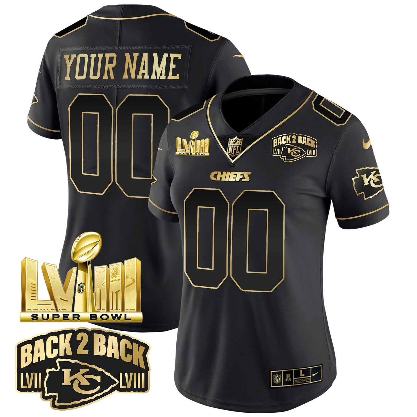 Camisa NFL Super Bowl LVIII & Back 2 Back Gold Patch Vapor Jersey V2