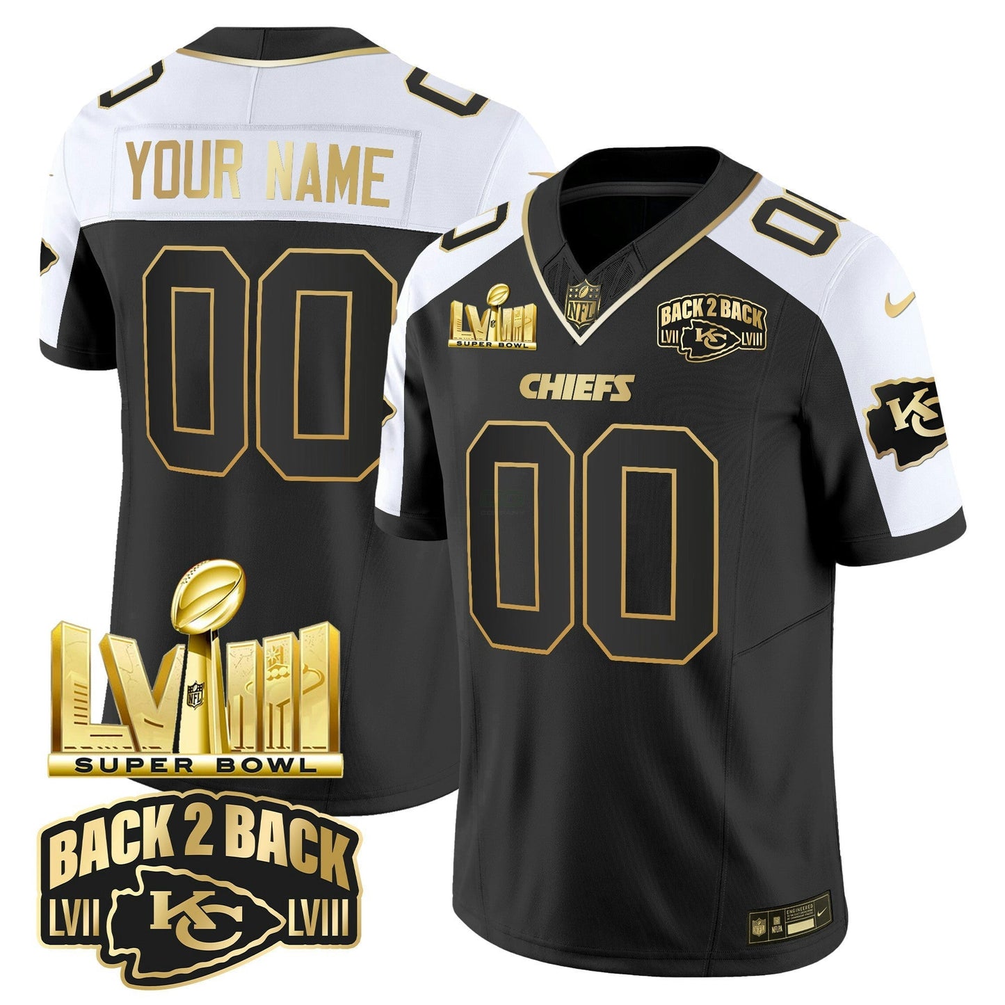Camisa NFL Super Bowl LVIII & Back 2 Back Gold Patch Vapor Jersey V2