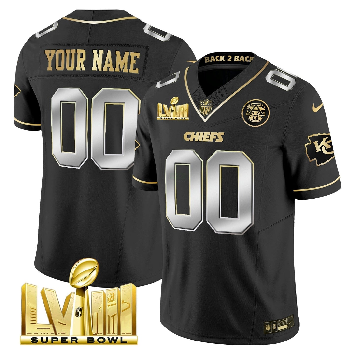 Camisa NFL Super Bowl LVIII & Back 2 Back Gold Patch Vapor Jersey V5