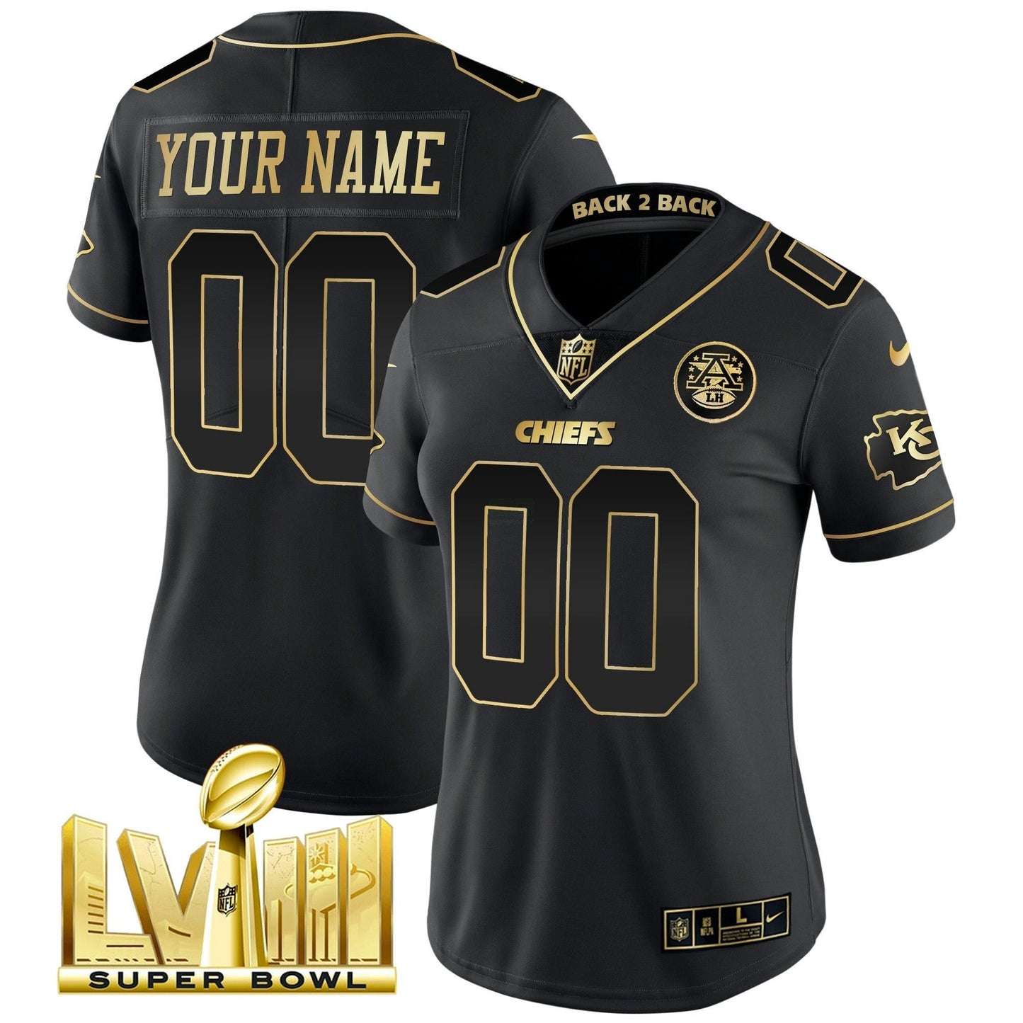 Camisa NFL Super Bowl LVIII & Back 2 Back Gold Patch Vapor Jersey V5