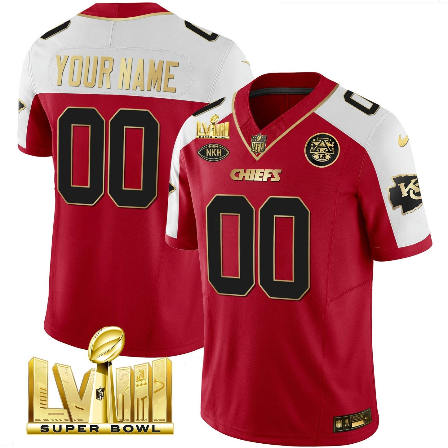 Camisa NFL Kansas City Chiefs Super Bowl LVIII Dourada Patch Vapor Jersey V2