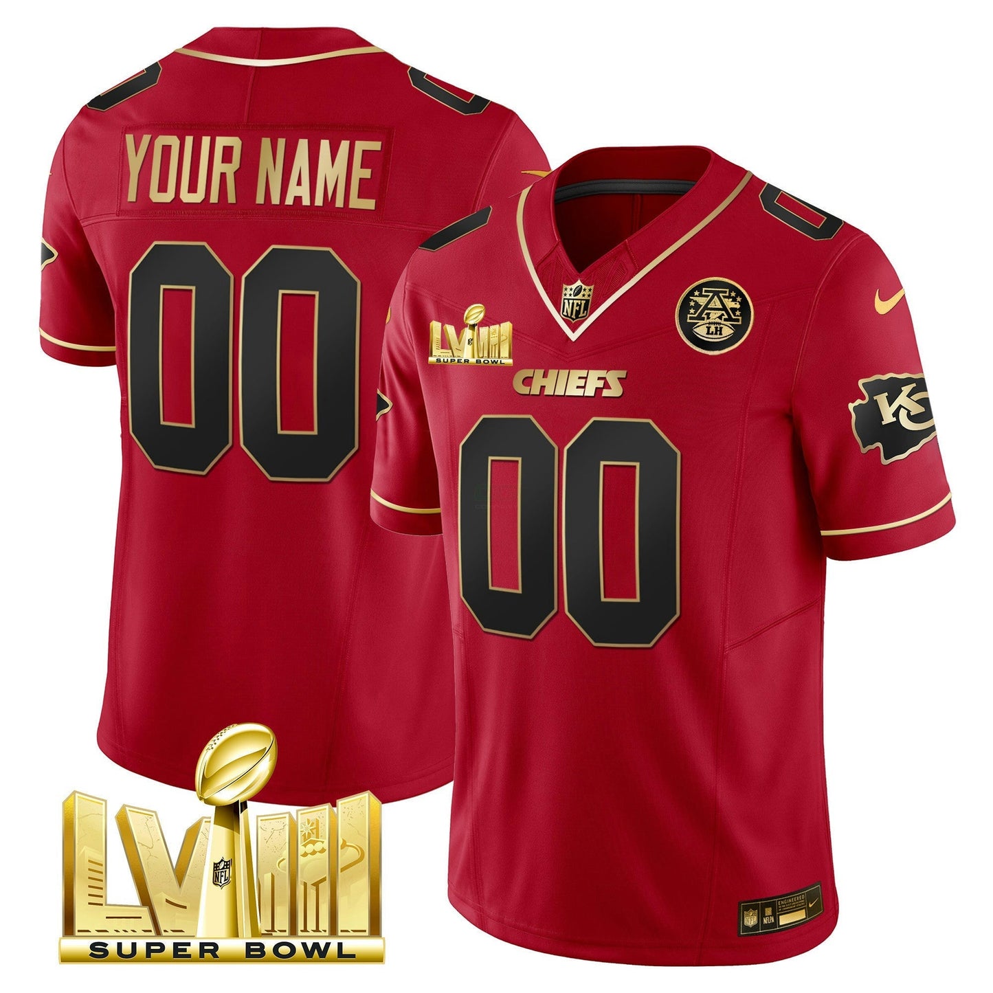 Camisa NFL Kansas City Chiefs Super Bowl LVIII Dourada Patch Vapor Jersey