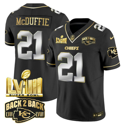 Camisa NFL Trent McDuffie Super Bowl LVIII & Back 2 Back Gold Patch Preta Limited Vapor Jersey V2 - Trent McDuffie