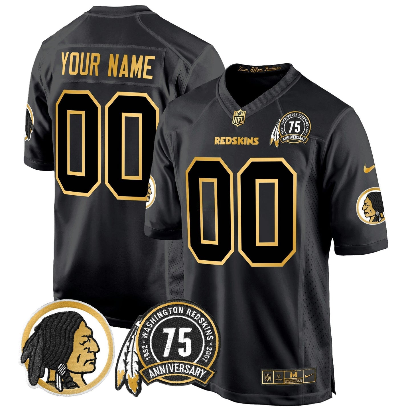 Camisa NFL Washington Commanders Washington Redskins 75th Patch Throwback Dourada Game Jersey