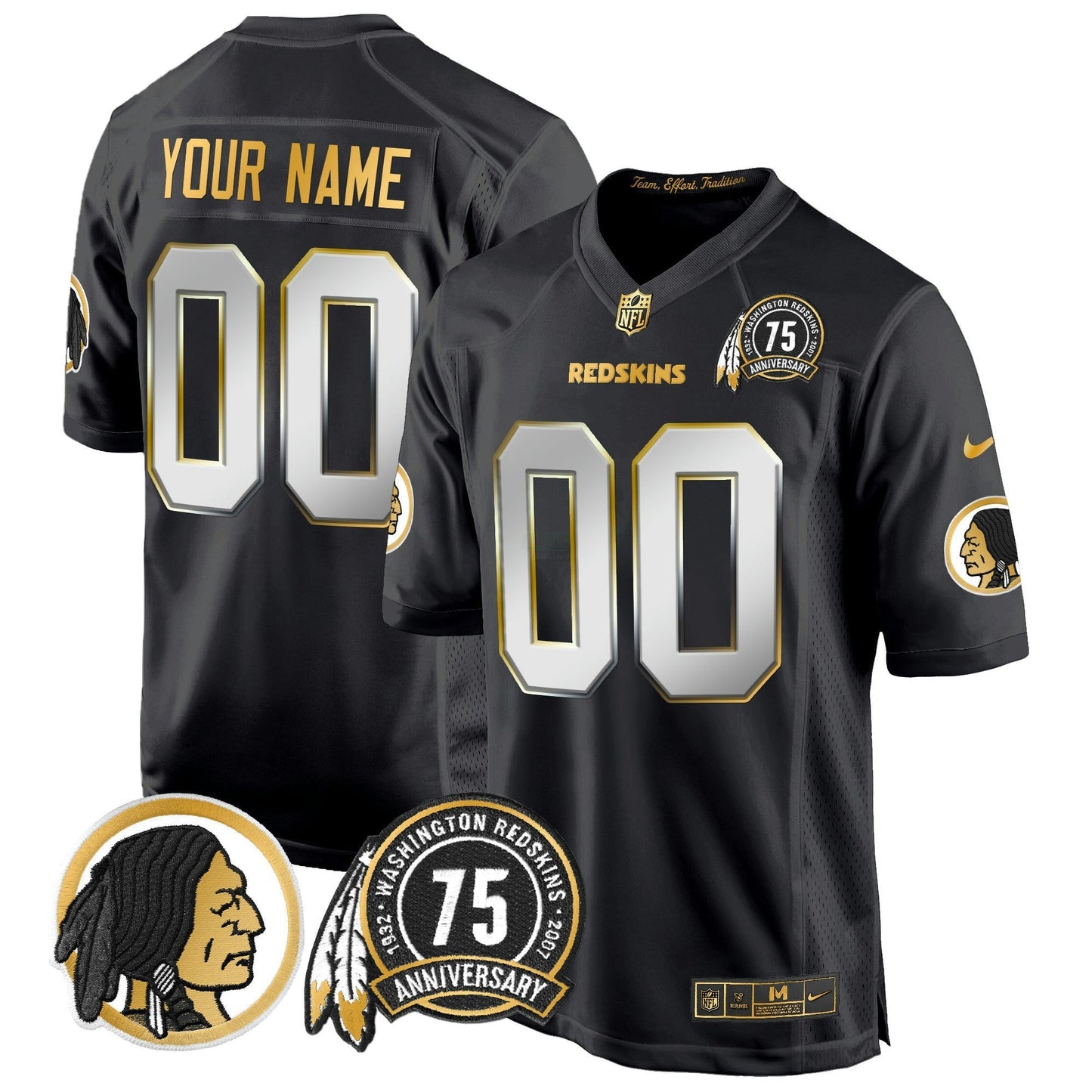 Camisa NFL Washington Commanders Washington Redskins 75th Patch Throwback Dourada Game Jersey