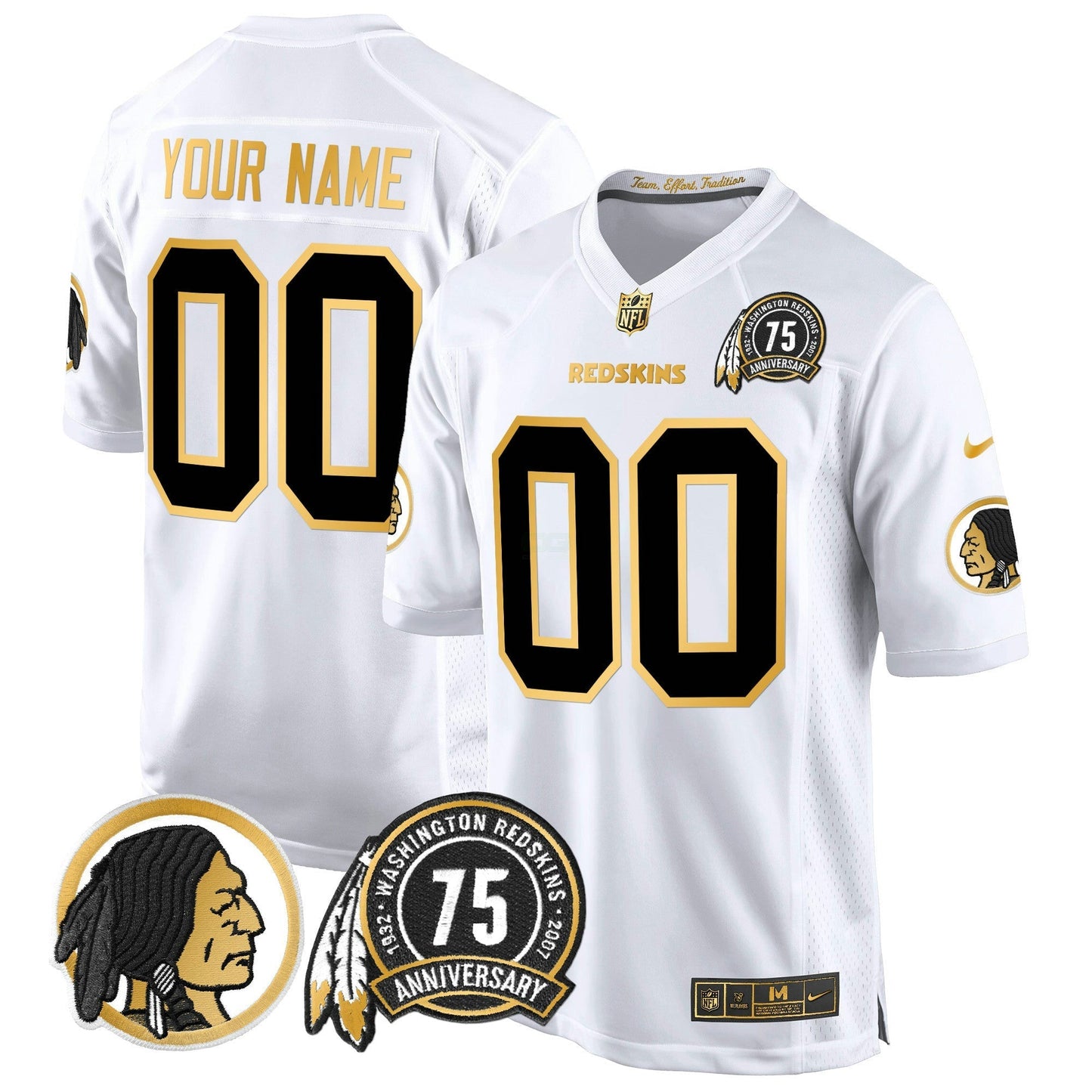 Camisa NFL Washington Commanders Washington Redskins 75th Patch Throwback Dourada Game Jersey