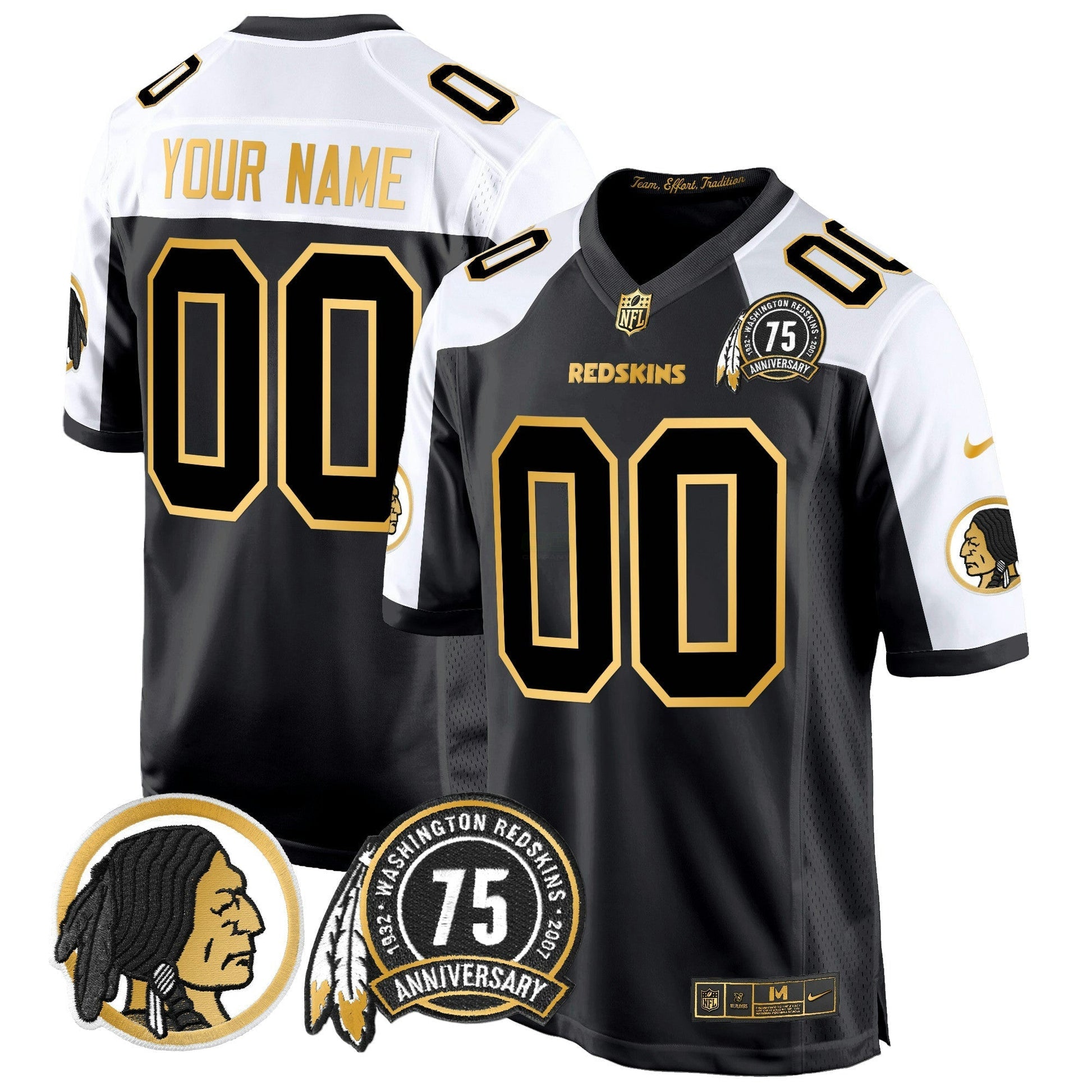 Camisa NFL Washington Commanders Washington Redskins 75th Patch Throwback Dourada Game Jersey