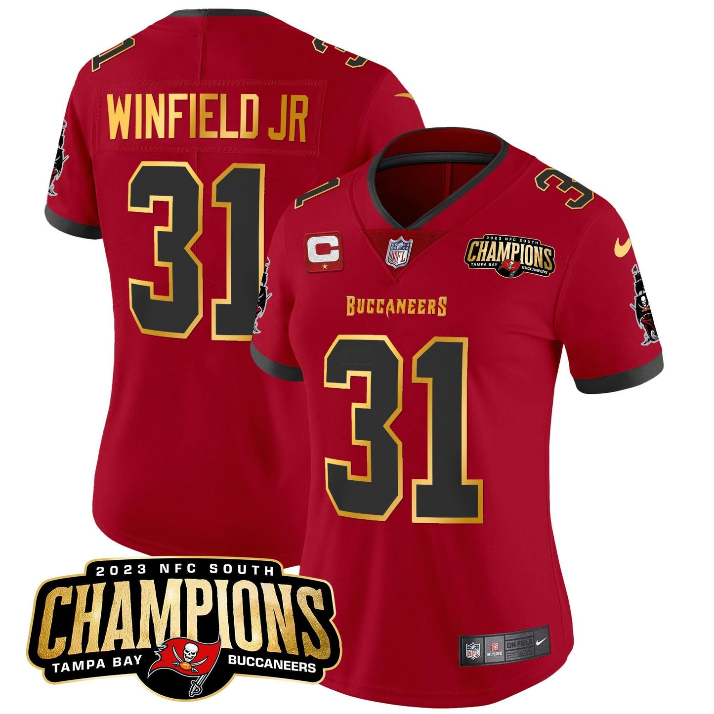 Camisa NFL Women’s 2023 NFC South Champions Patch Dourada Trim Vapor Jersey