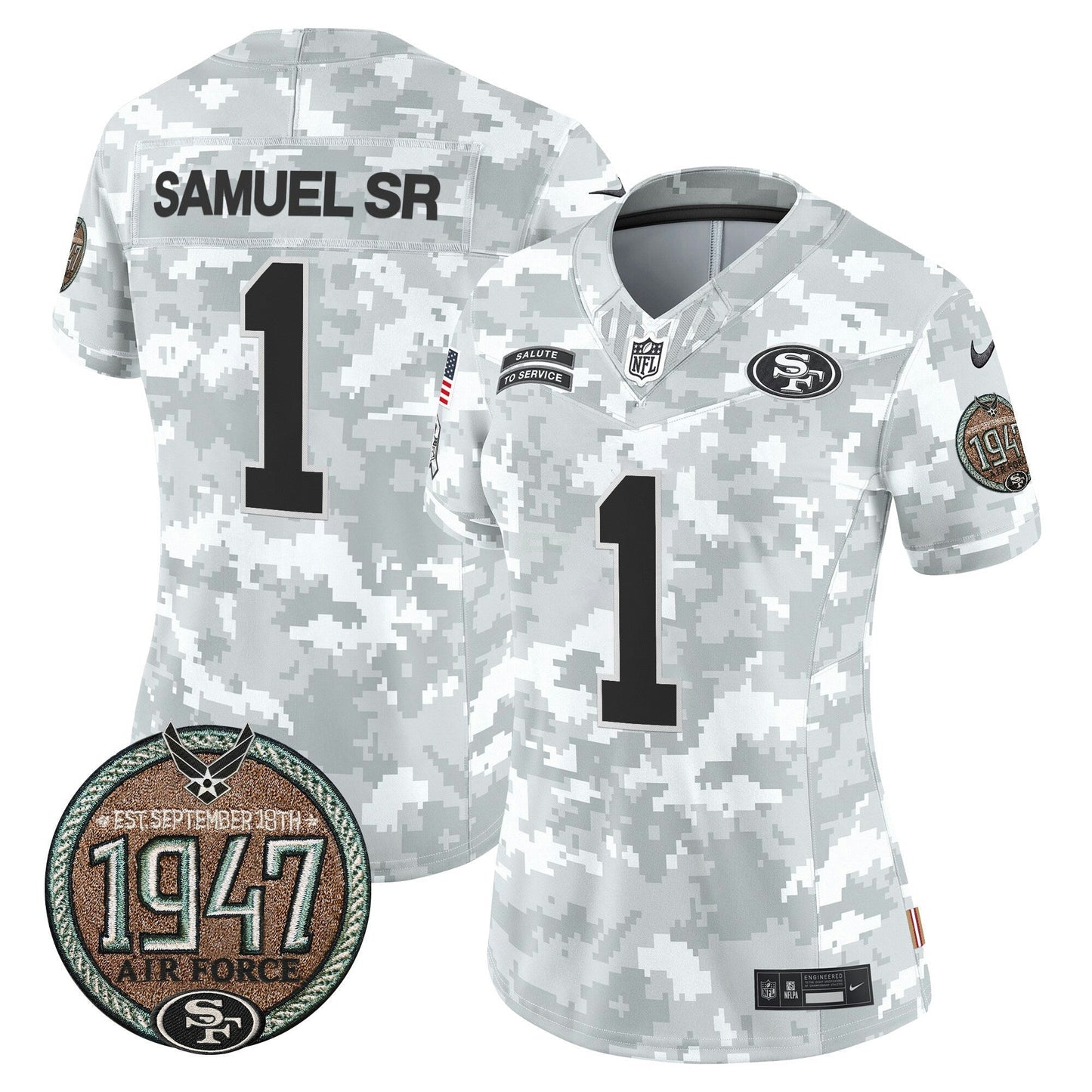 Camisa NFL San Francisco 49ers Women’s 2024 Salute to Service Establishment Year Patch Vapor Limited Jersey
