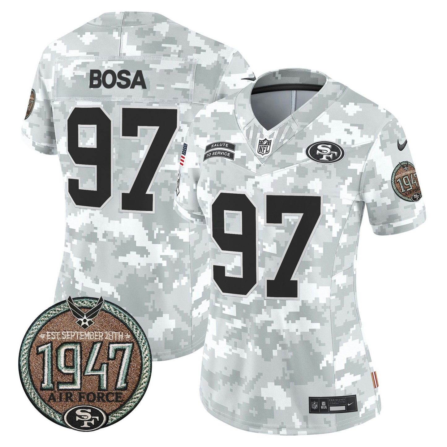 Camisa NFL San Francisco 49ers Women’s 2024 Salute to Service Establishment Year Patch Vapor Limited Jersey