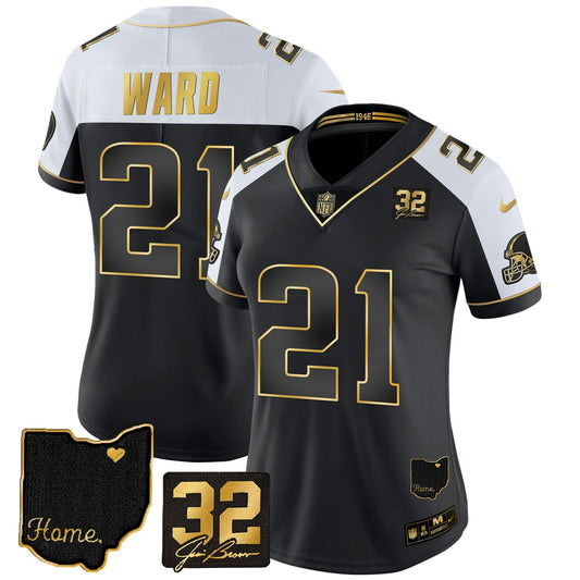 Camisa NFL Women’s #32 Jim Brown Memorial & Home Patch Dourada Jersey