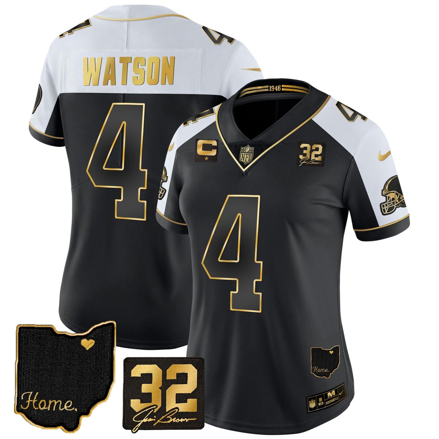 Camisa NFL Women’s #32 Jim Brown Memorial & Home Patch Dourada Jersey