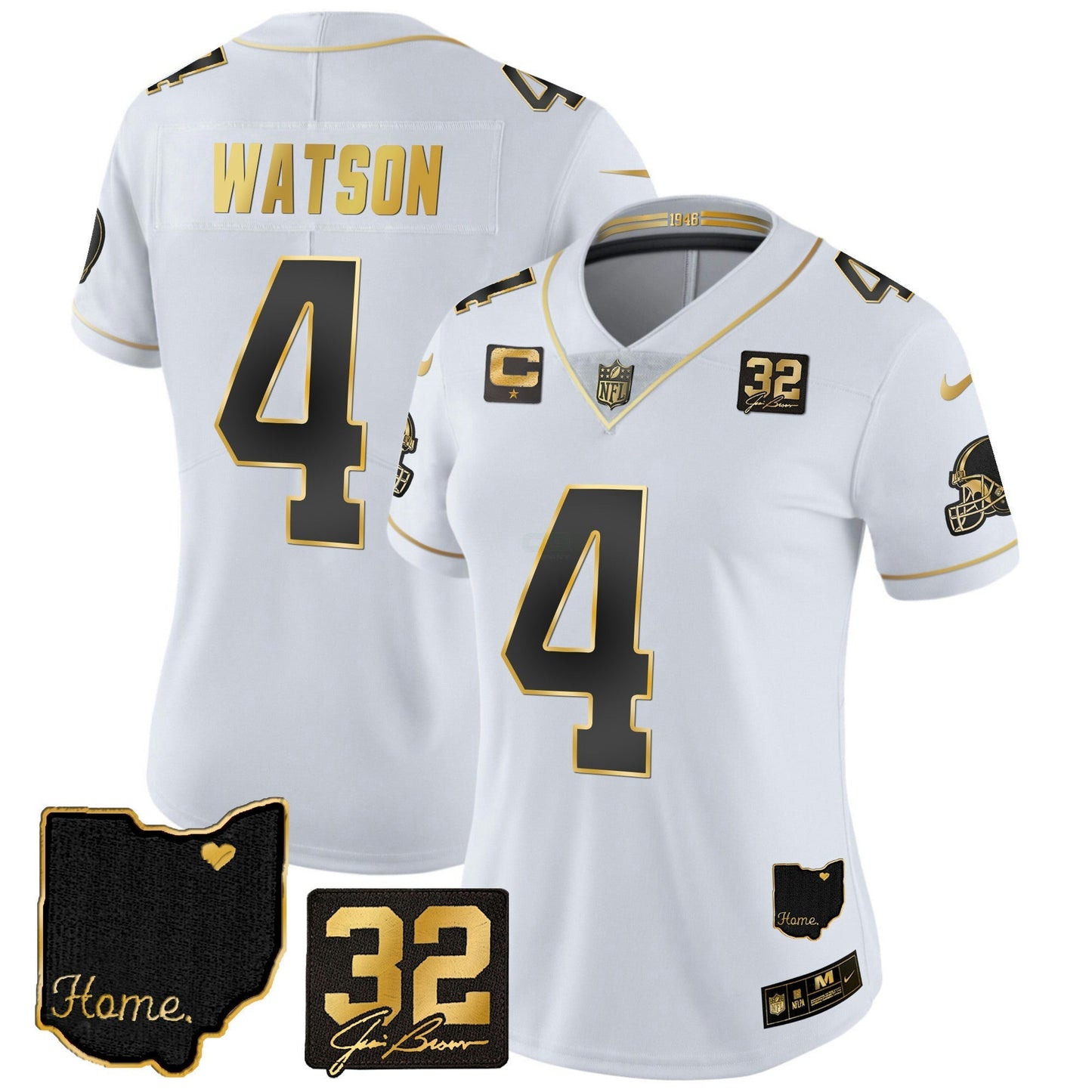 Camisa NFL Women’s #32 Jim Brown Memorial & Home Patch Dourada Jersey