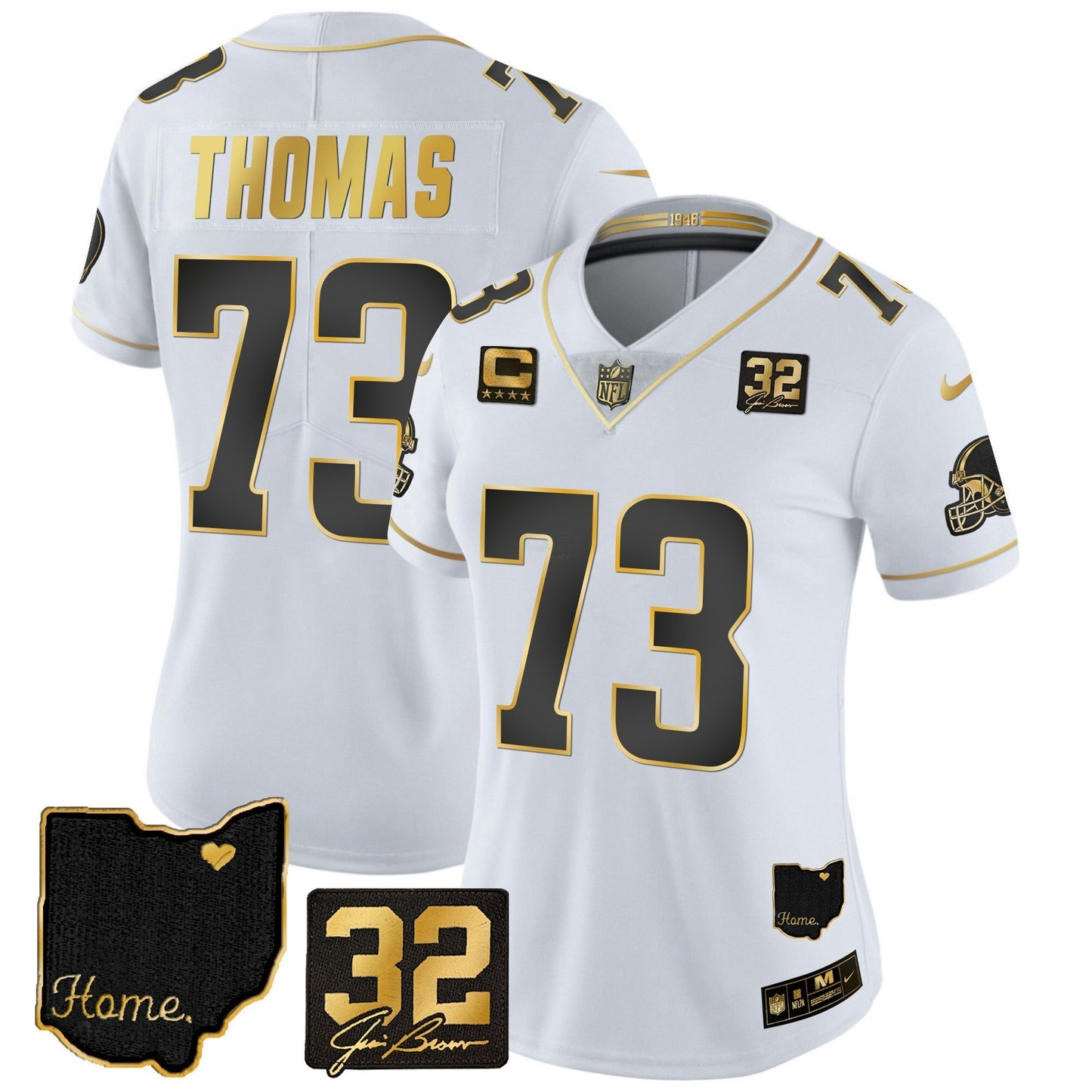 Camisa NFL Women’s #32 Jim Brown Memorial & Home Patch Dourada Jersey