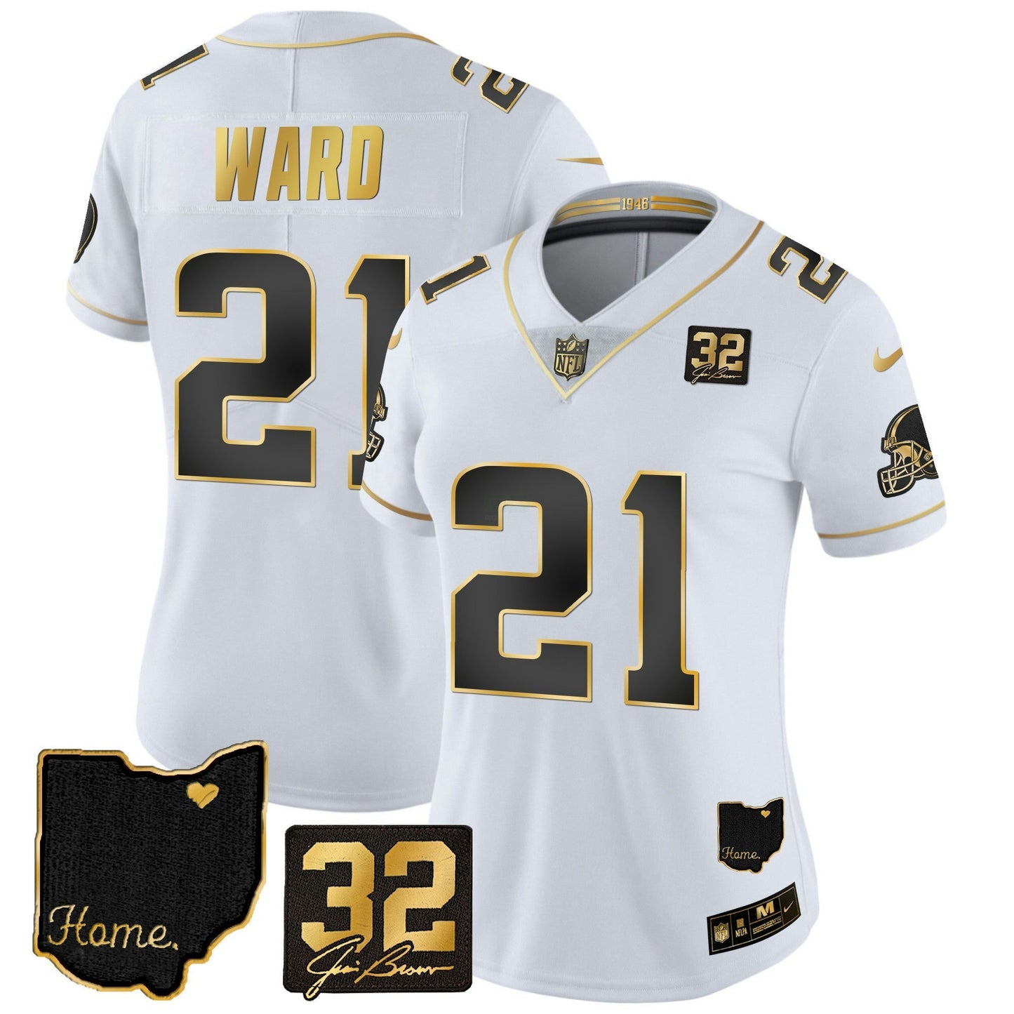 Camisa NFL Women’s #32 Jim Brown Memorial & Home Patch Dourada Jersey