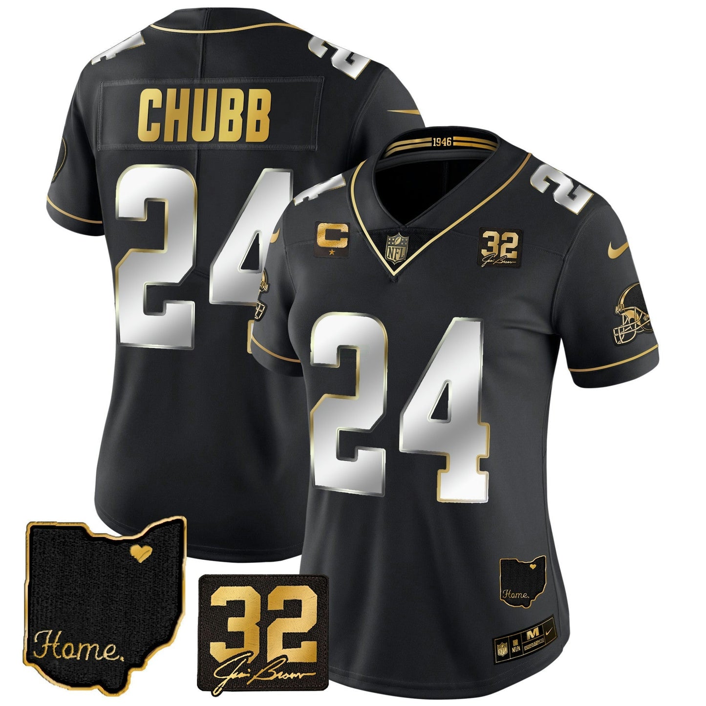 Camisa NFL Women’s #32 Jim Brown Memorial & Home Patch Dourada Jersey