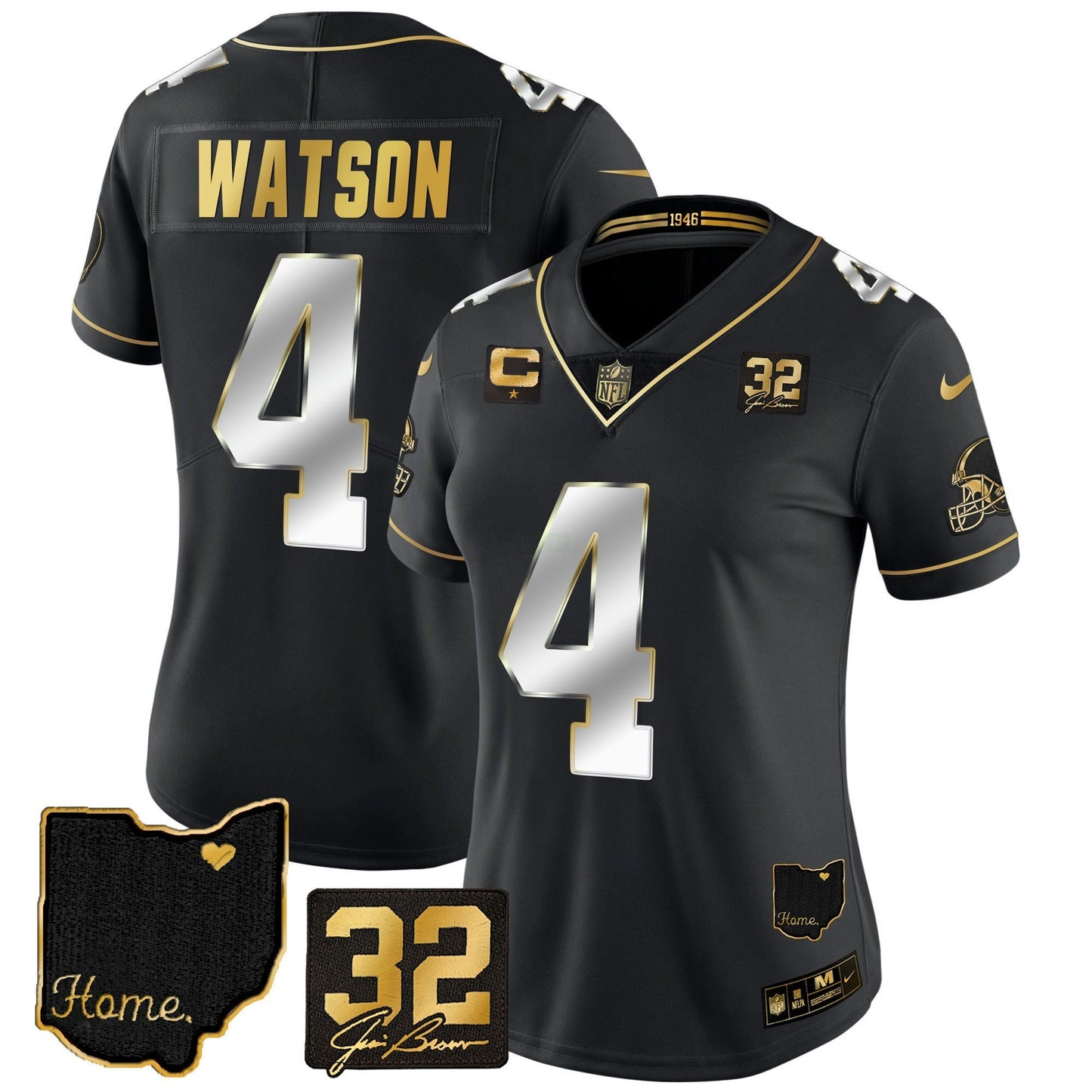 Camisa NFL Women’s #32 Jim Brown Memorial & Home Patch Dourada Jersey