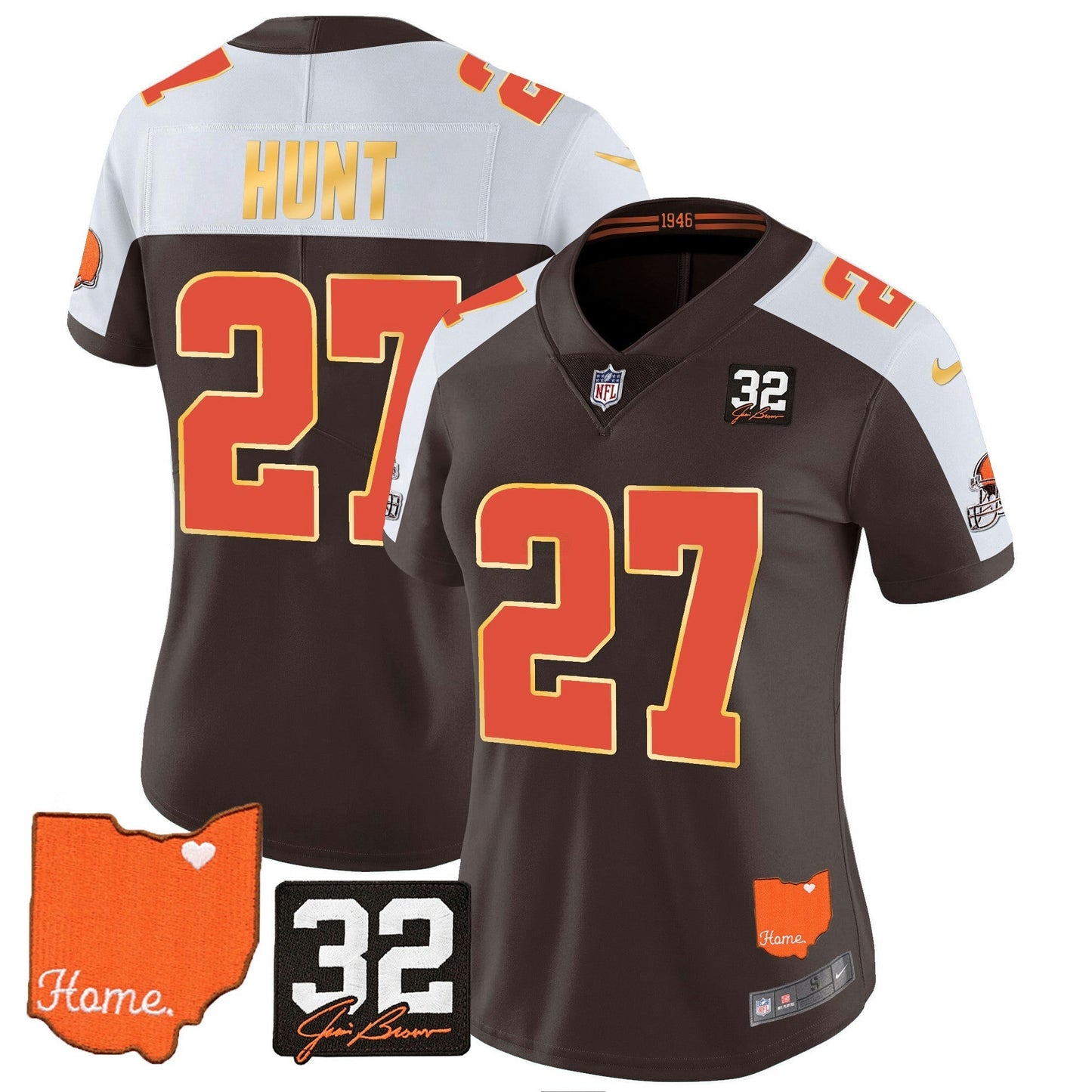 Camisa NFL Women’s #32 Jim Brown Memorial & Home Patch Dourada Trim Jersey