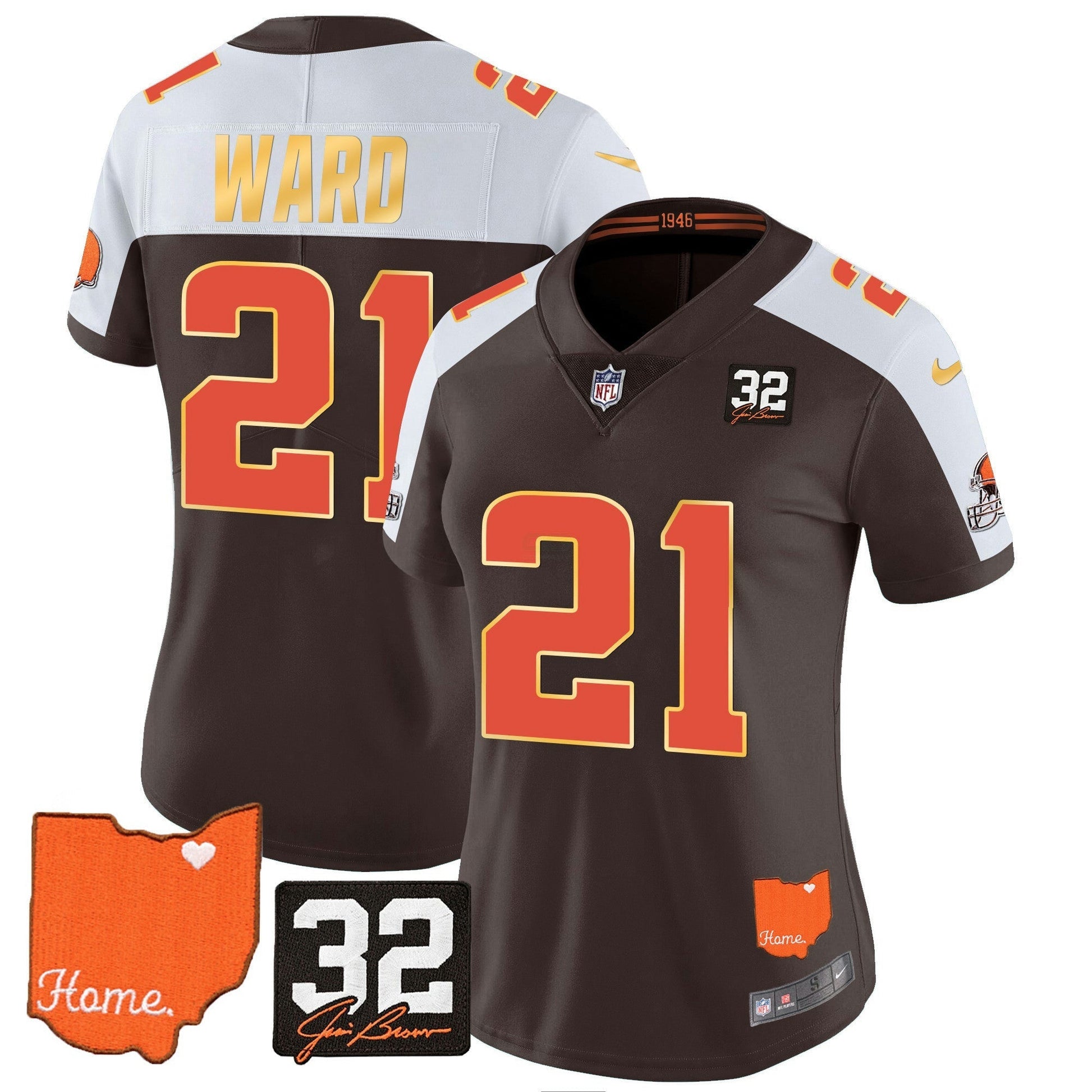 Camisa NFL Women’s #32 Jim Brown Memorial & Home Patch Dourada Trim Jersey