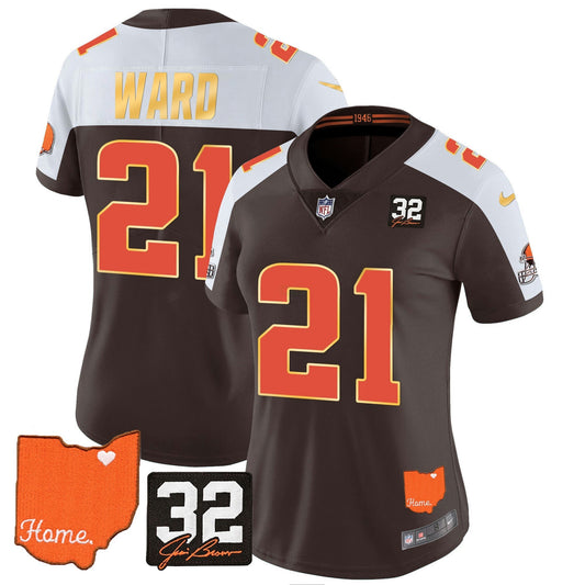 Camisa NFL Women’s #32 Jim Brown Memorial & Home Patch Dourada Trim Jersey