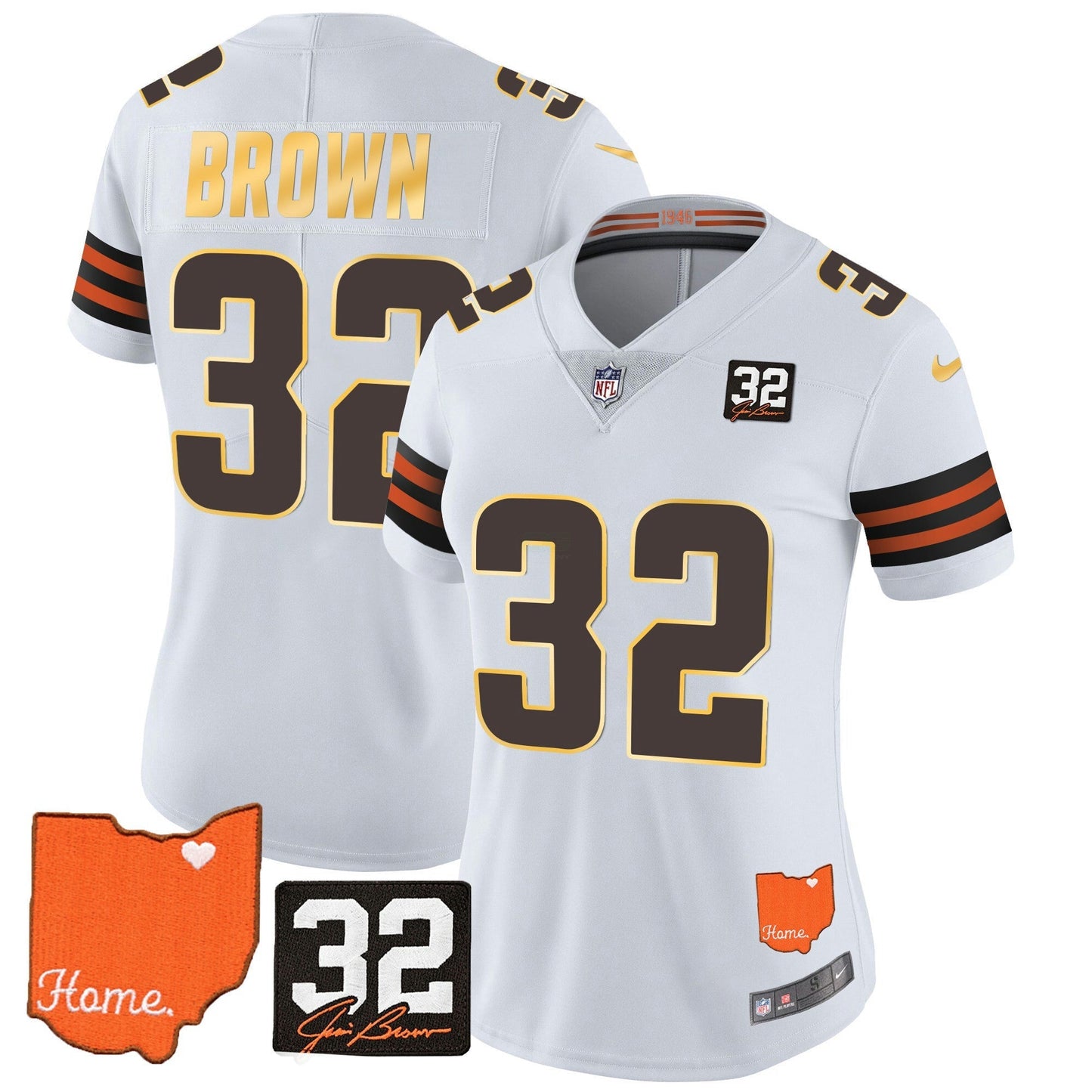 Camisa NFL Women’s #32 Jim Brown Memorial & Home Patch Dourada Trim Jersey