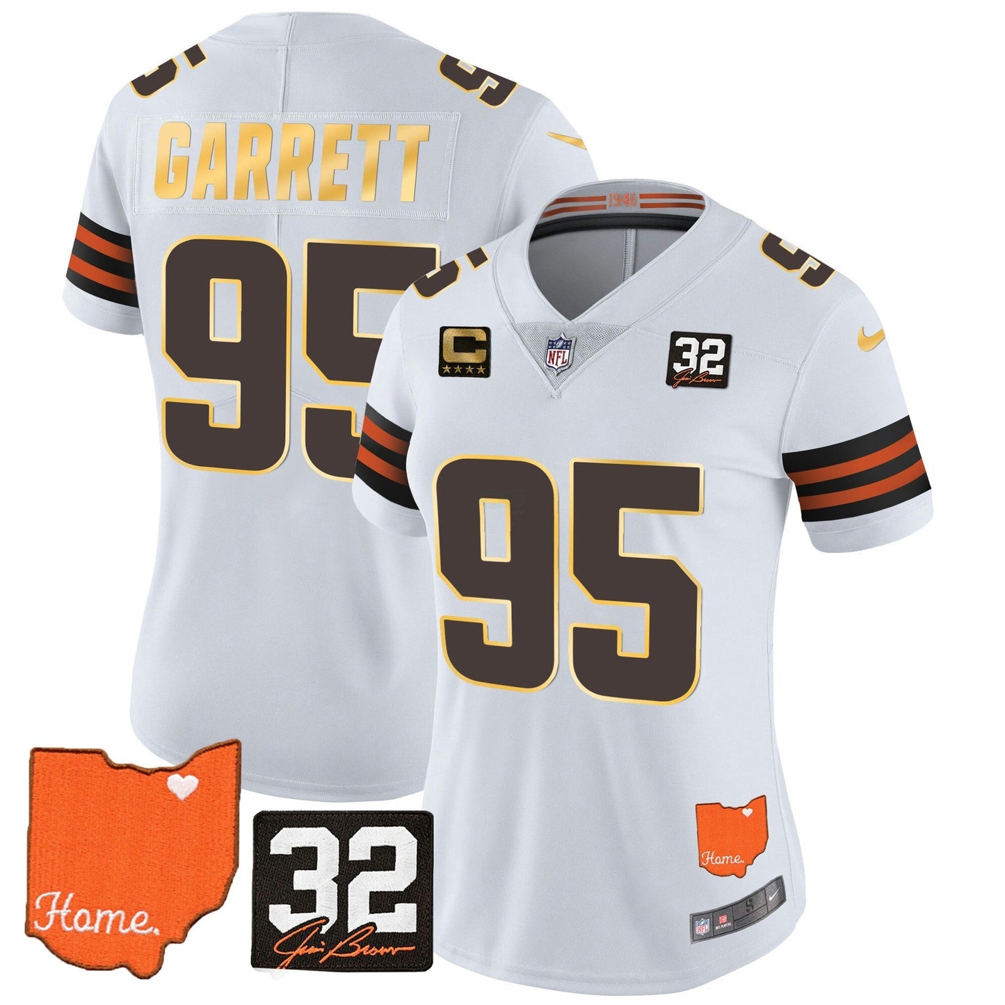 Camisa NFL Women’s #32 Jim Brown Memorial & Home Patch Dourada Trim Jersey