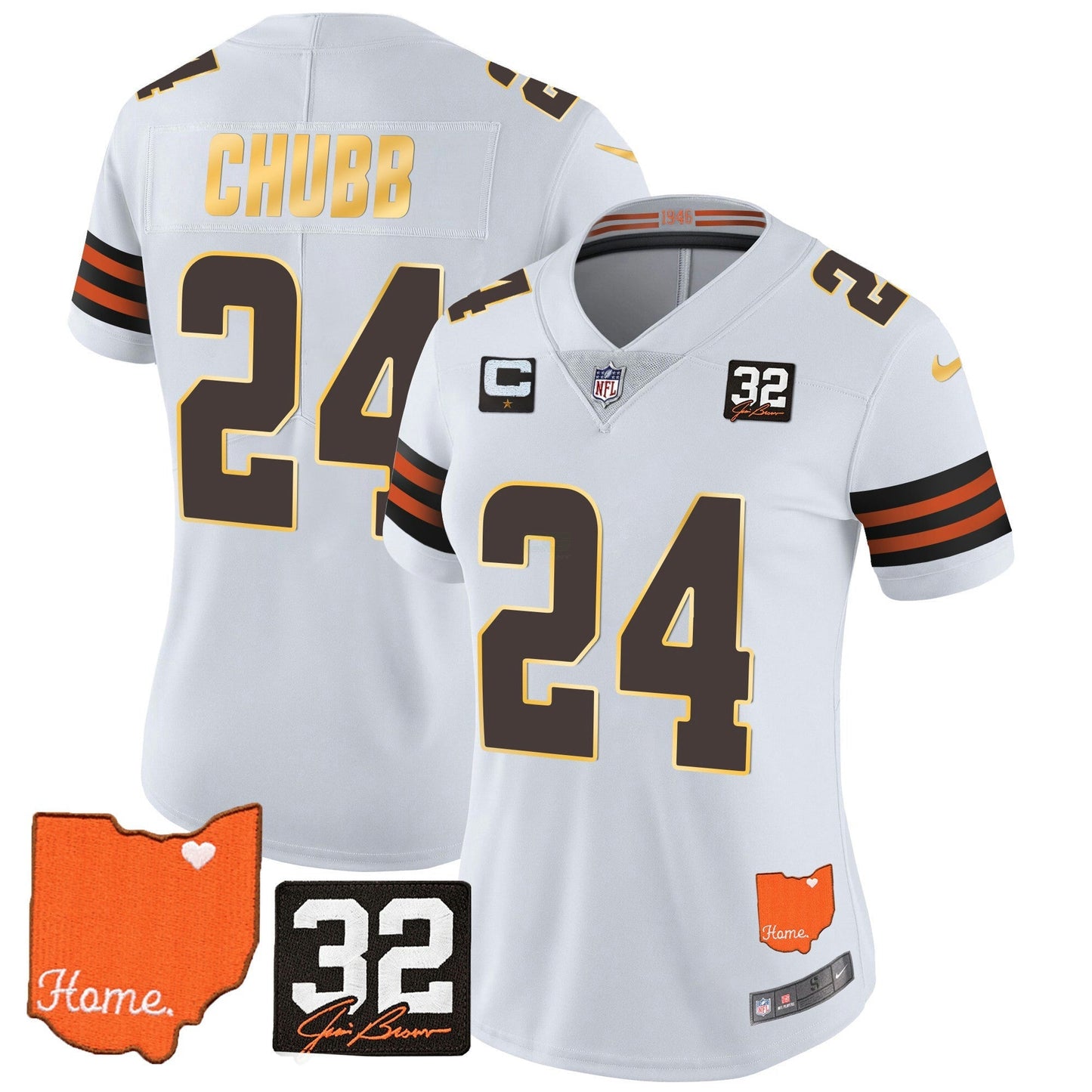 Camisa NFL Women’s #32 Jim Brown Memorial & Home Patch Dourada Trim Jersey
