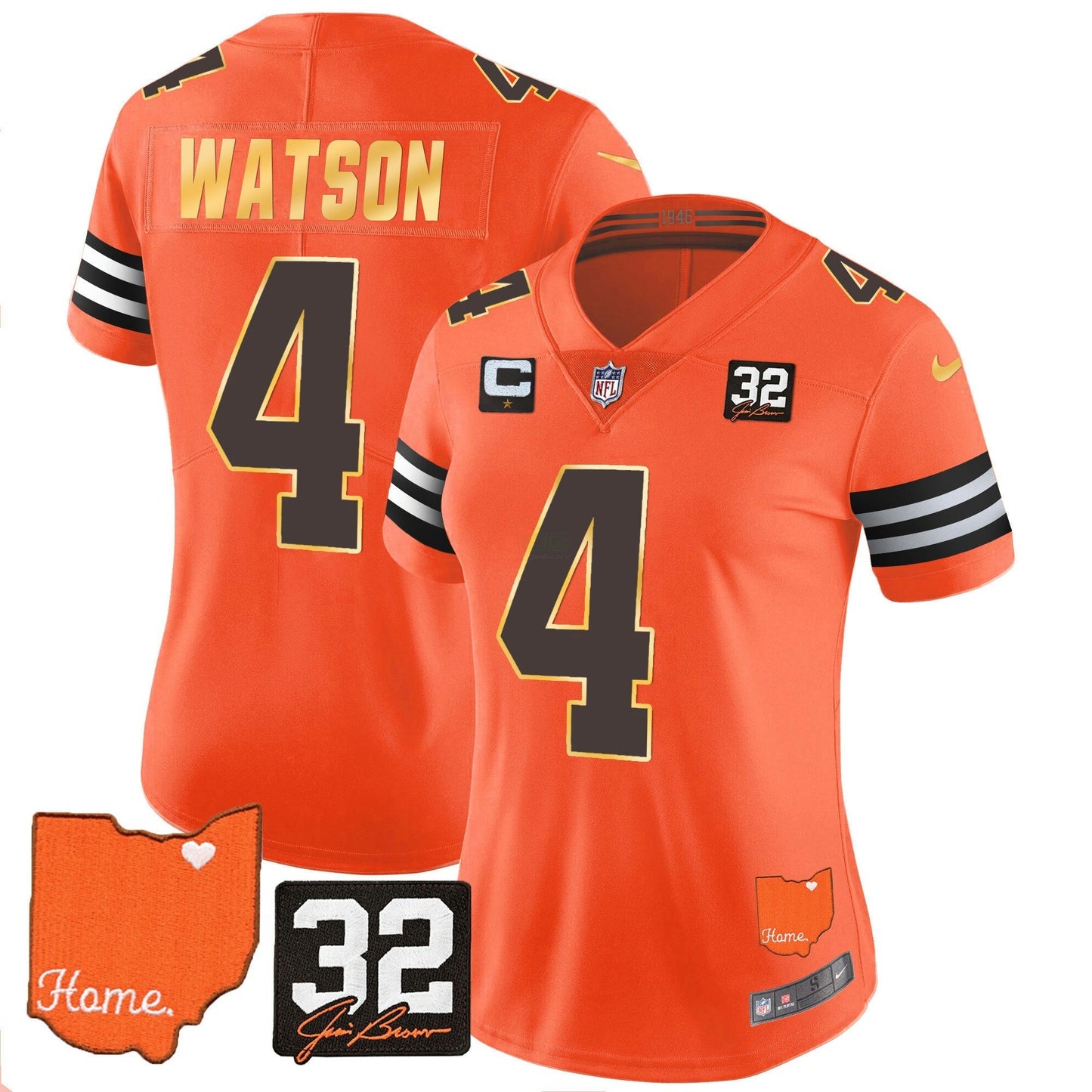 Camisa NFL Women’s #32 Jim Brown Memorial & Home Patch Dourada Trim Jersey