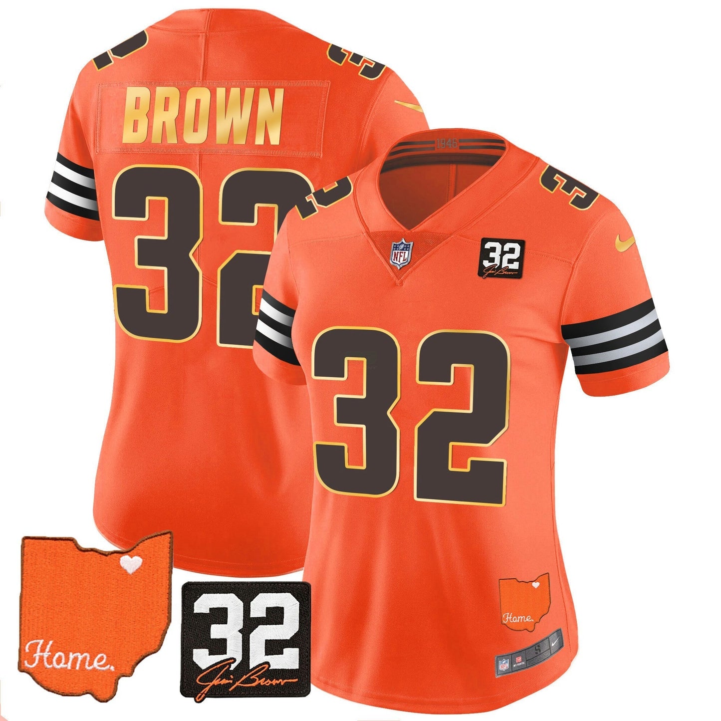 Camisa NFL Women’s #32 Jim Brown Memorial & Home Patch Dourada Trim Jersey
