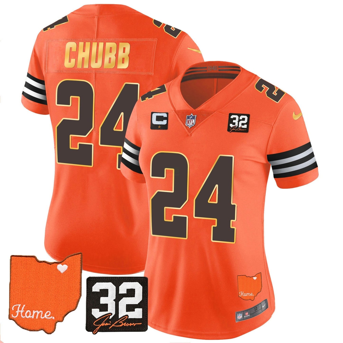 Camisa NFL Women’s #32 Jim Brown Memorial & Home Patch Dourada Trim Jersey