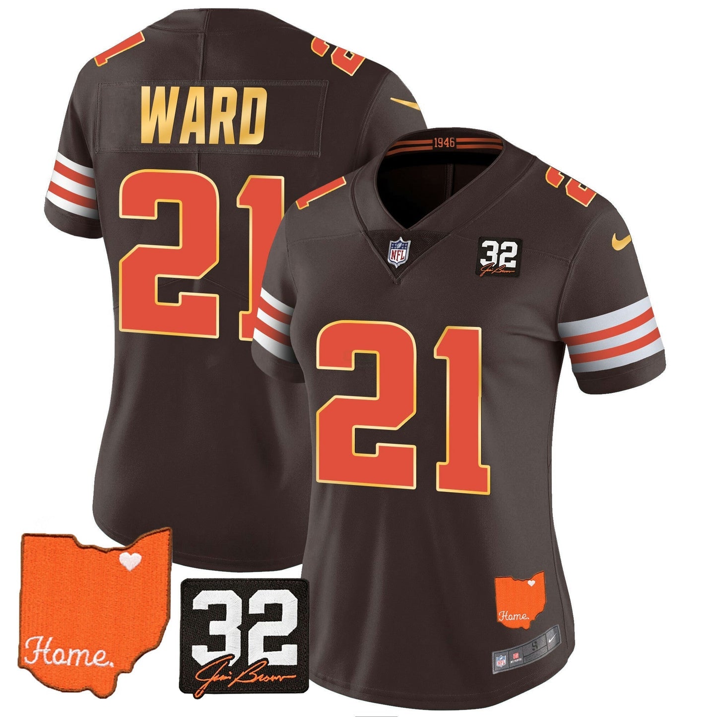 Camisa NFL Women’s #32 Jim Brown Memorial & Home Patch Dourada Trim Jersey