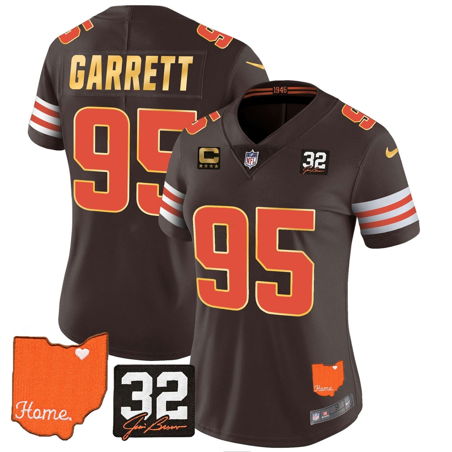 Camisa NFL Women’s #32 Jim Brown Memorial & Home Patch Dourada Trim Jersey