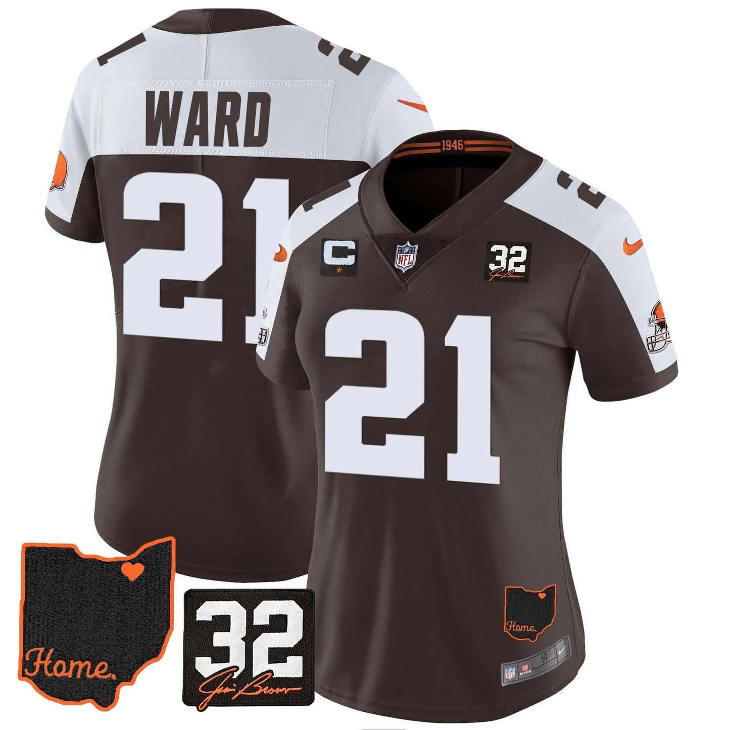 Camisa NFL Women’s #32 Jim Brown Memorial & Home Patch Jersey V3