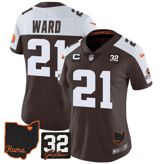 Camisa NFL Women’s #32 Jim Brown Memorial & Home Patch Jersey V3