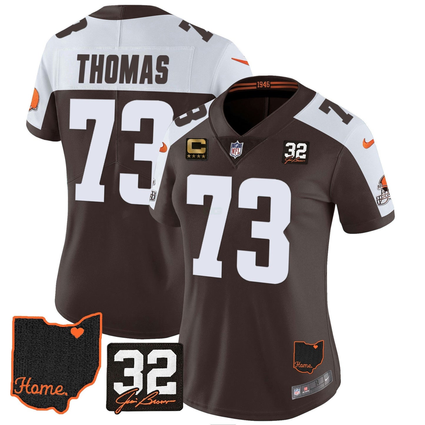 Camisa NFL Women’s #32 Jim Brown Memorial & Home Patch Jersey V3