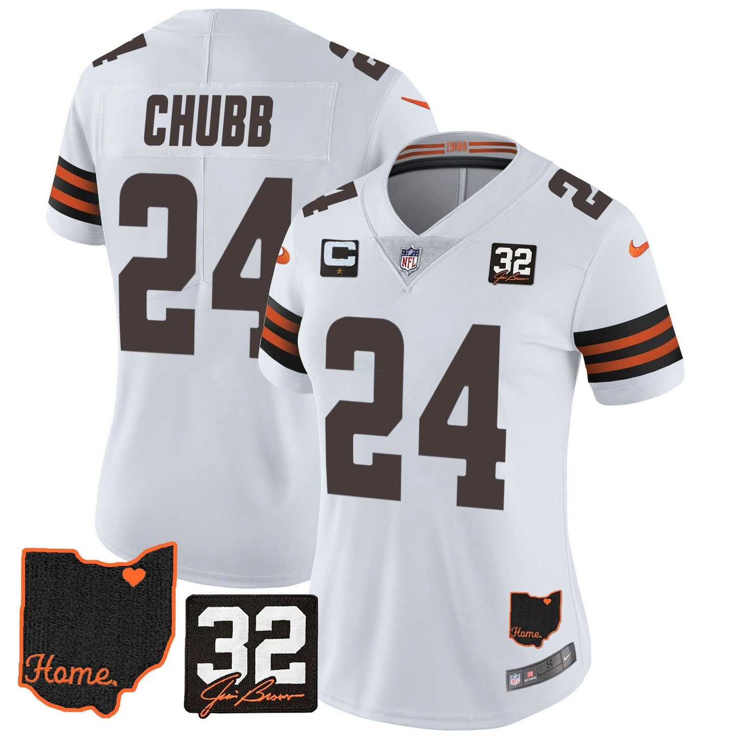 Camisa NFL Women’s #32 Jim Brown Memorial & Home Patch Jersey V3