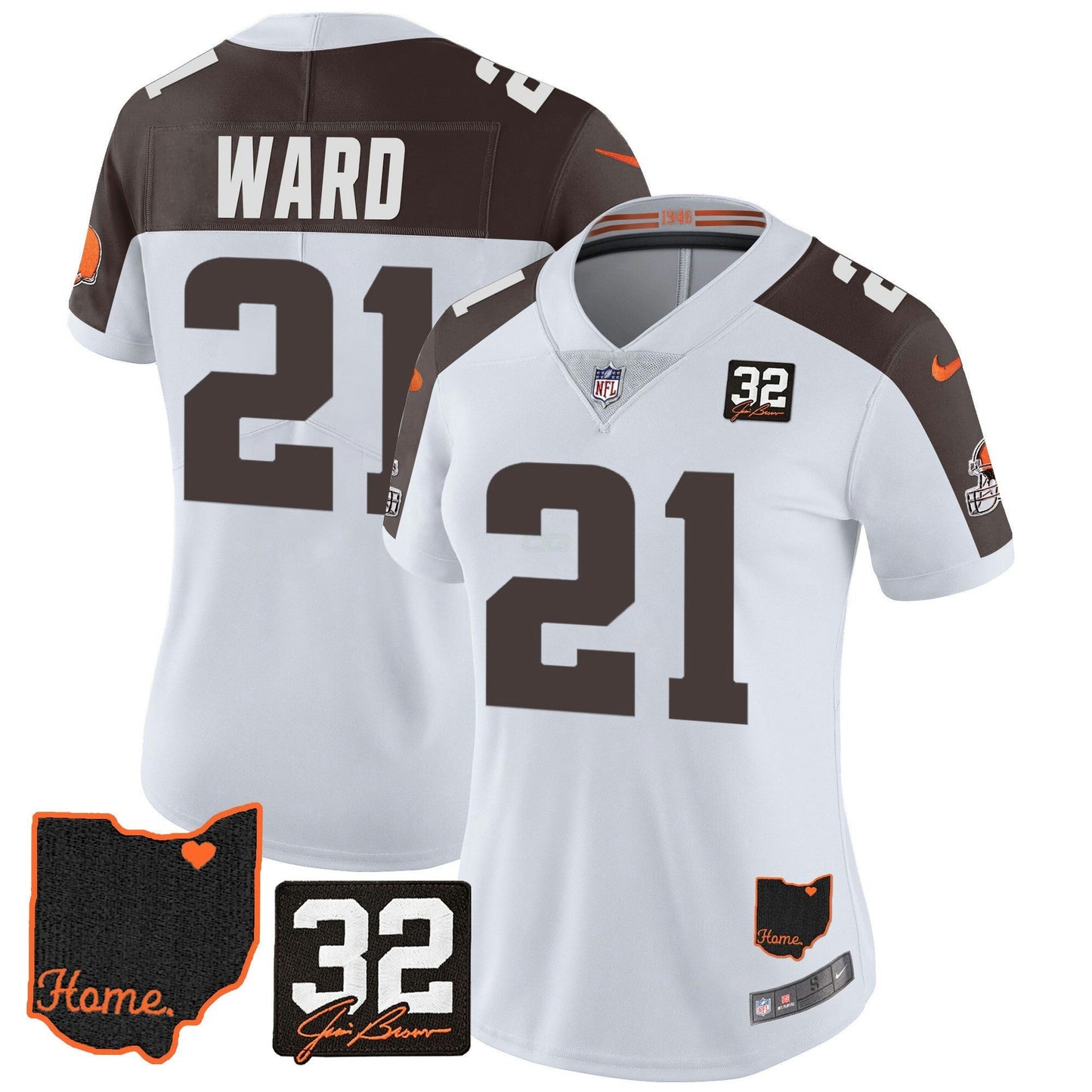 Camisa NFL Women’s #32 Jim Brown Memorial & Home Patch Jersey V3