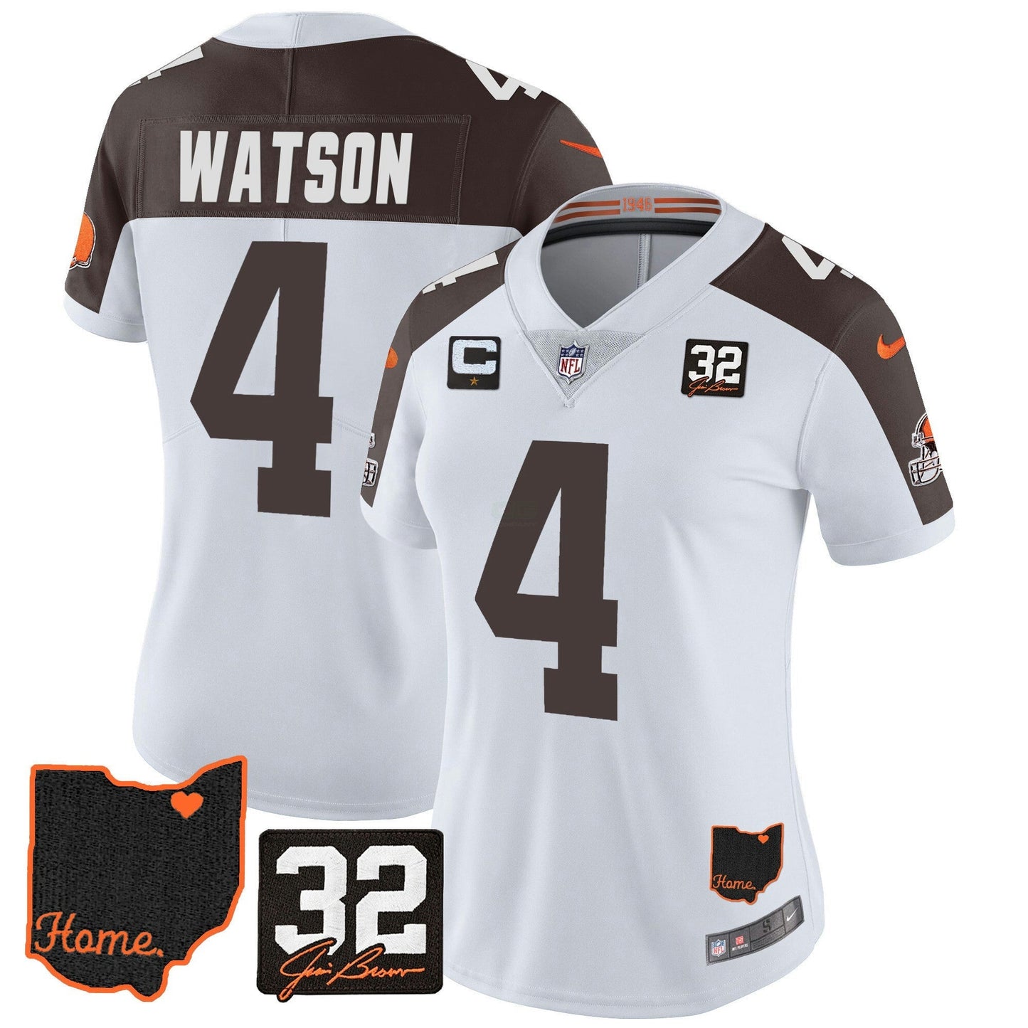 Camisa NFL Women’s #32 Jim Brown Memorial & Home Patch Jersey V3
