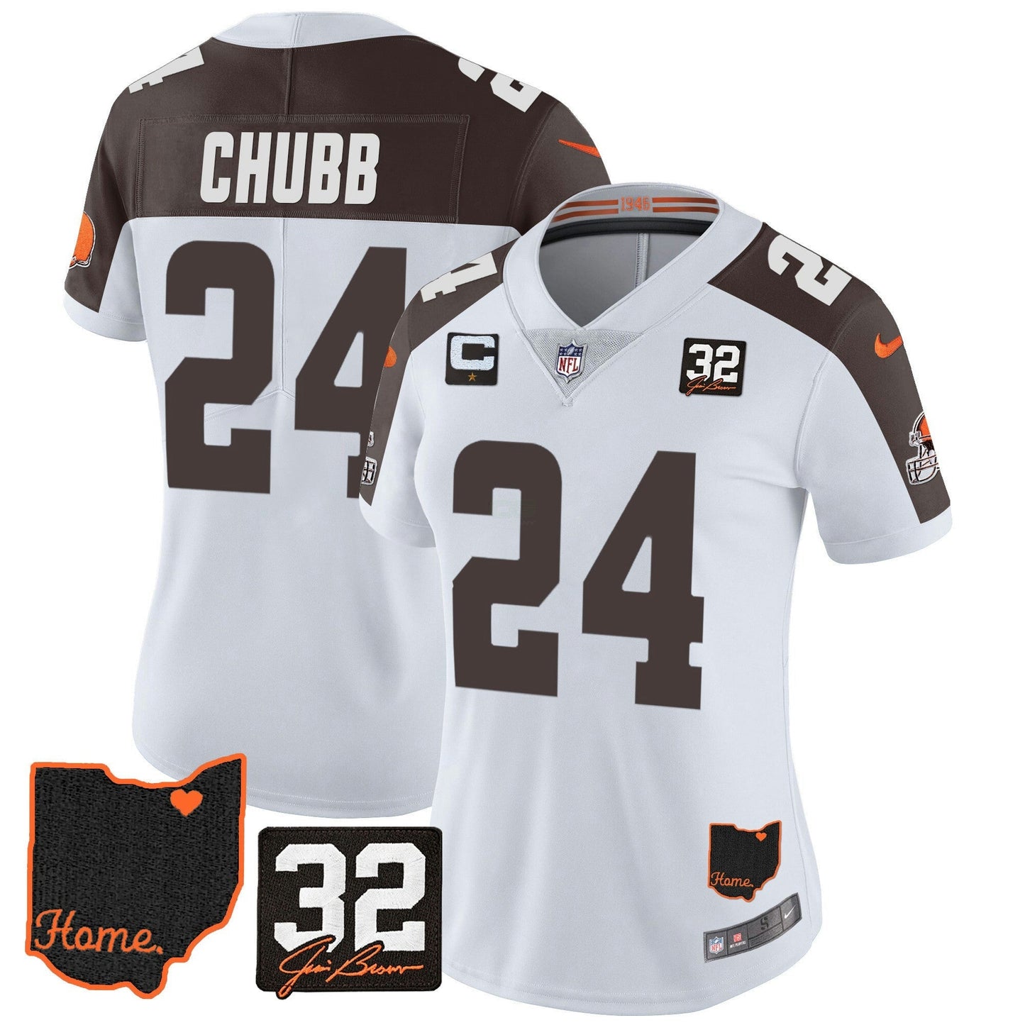 Camisa NFL Women’s #32 Jim Brown Memorial & Home Patch Jersey V3