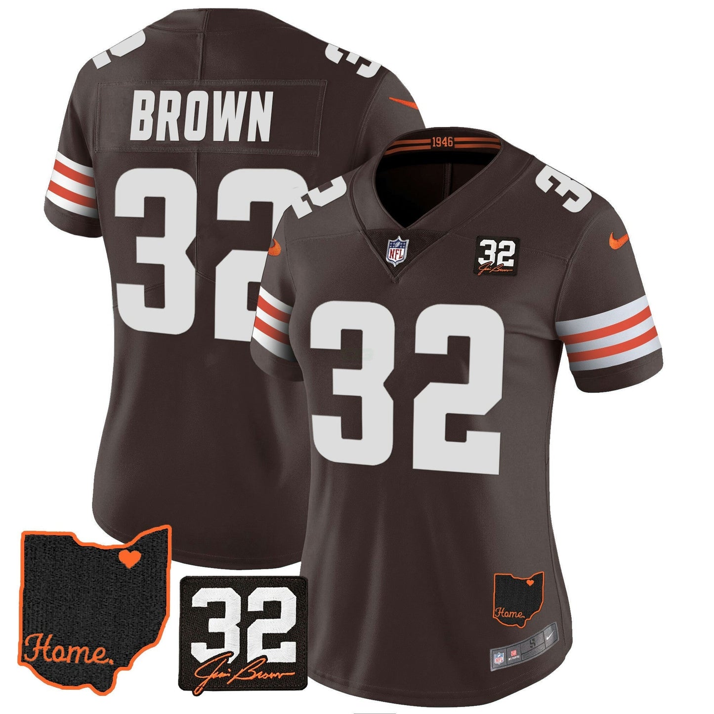Camisa NFL Women’s #32 Jim Brown Memorial & Home Patch Jersey V3