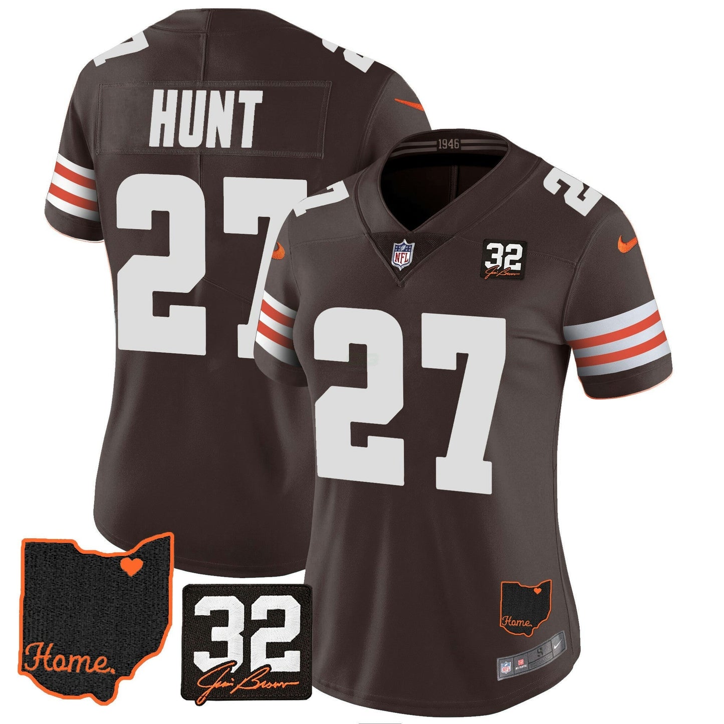 Camisa NFL Women’s #32 Jim Brown Memorial & Home Patch Jersey V3