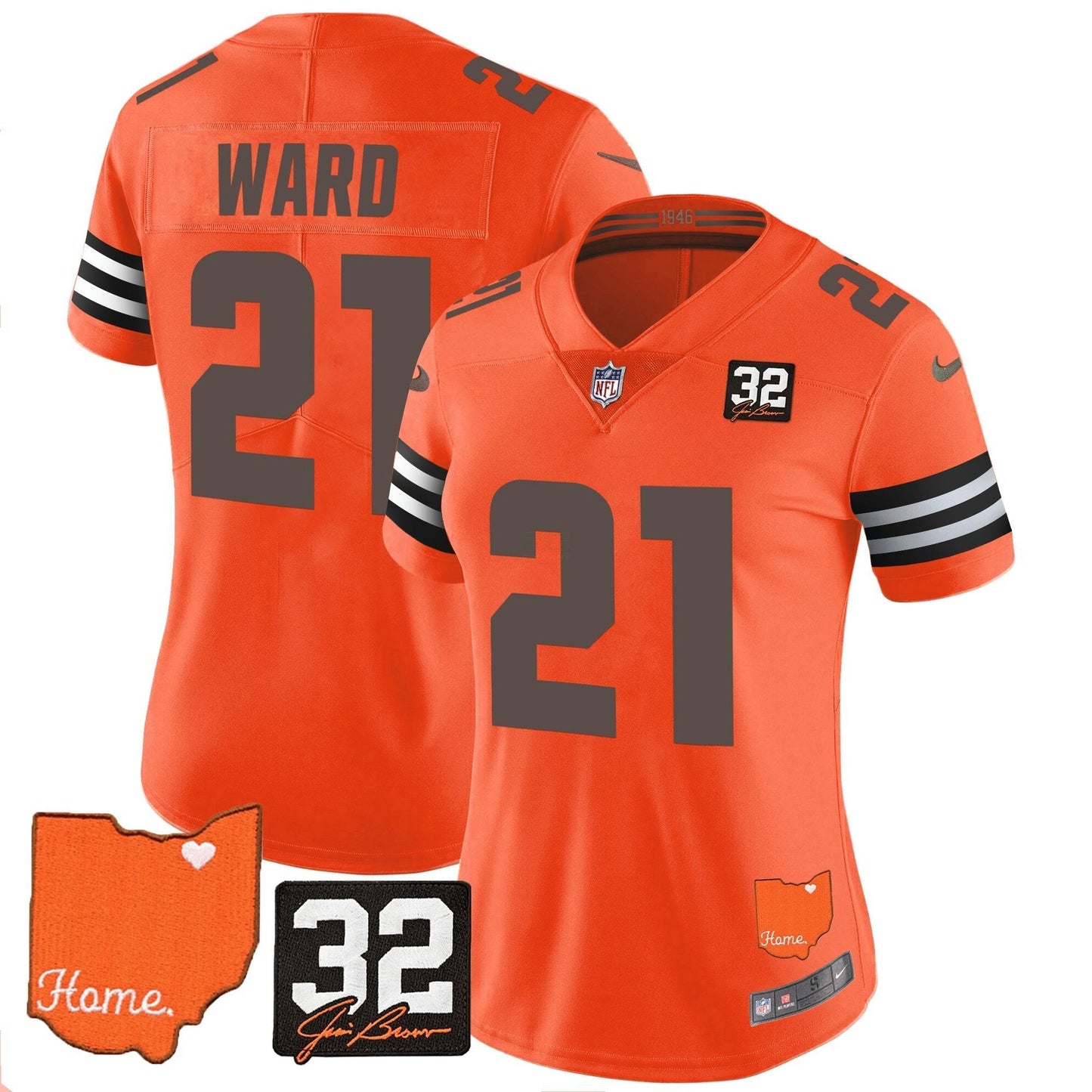 Camisa NFL Women’s #32 Jim Brown Memorial & Home Patch Vapor Limited Jersey